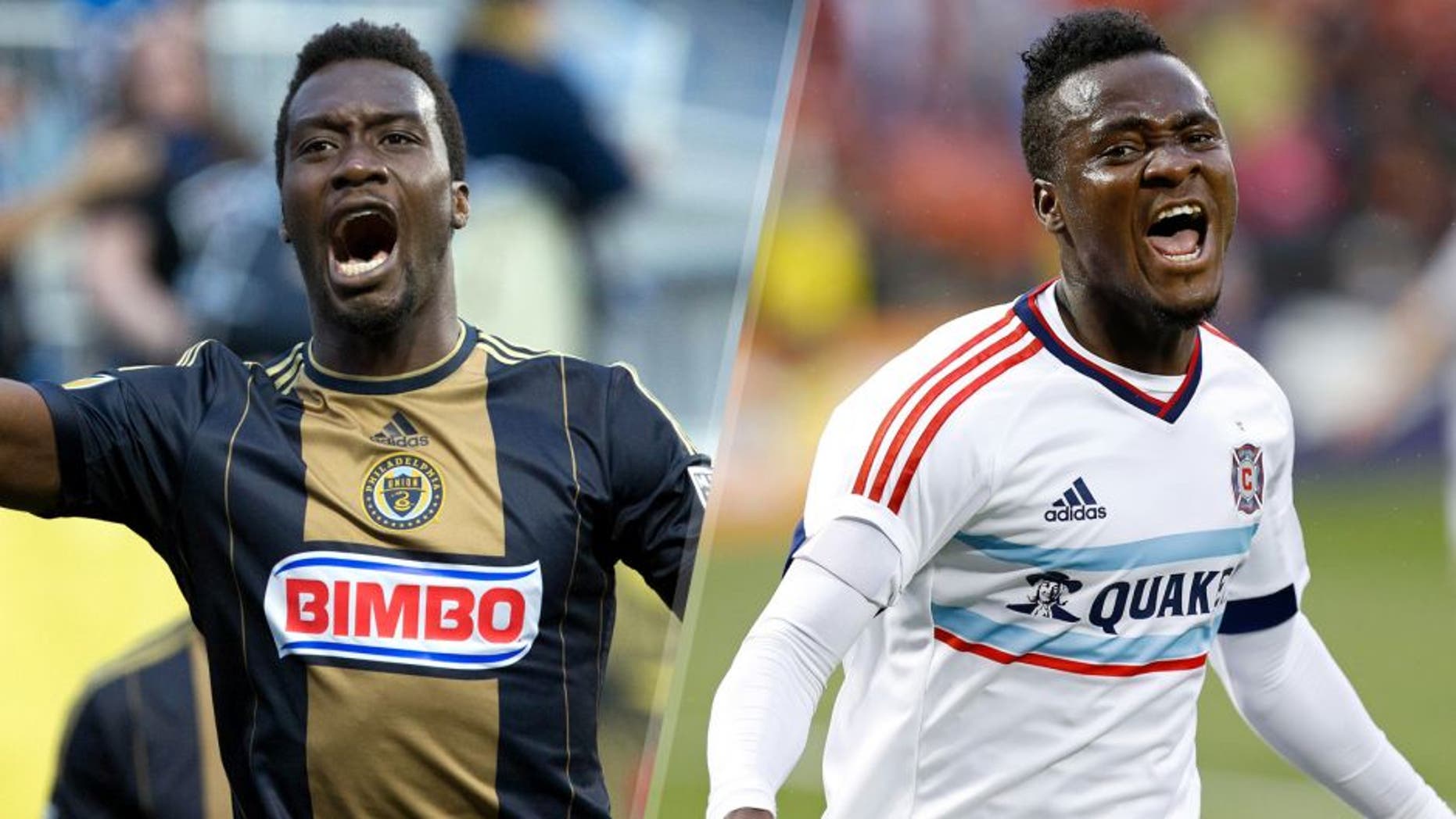 Jun 3, 2015; Philadelphia, PA, USA; Philadelphia Union forward C.J. Sapong (17) celebrates his goal against the Columbus Crew during the first half at PPL Park. Mandatory Credit: Bill Streicher-USA TODAY Sports Jun 3, 2015; Washington, DC, USA; Chicago Fire forward David Accam (11) celebrates after scoring a goal against D.C. United in the first half at Robert F. Kennedy Memorial Stadium. Mandatory Credit: Geoff Burke-USA TODAY Sports