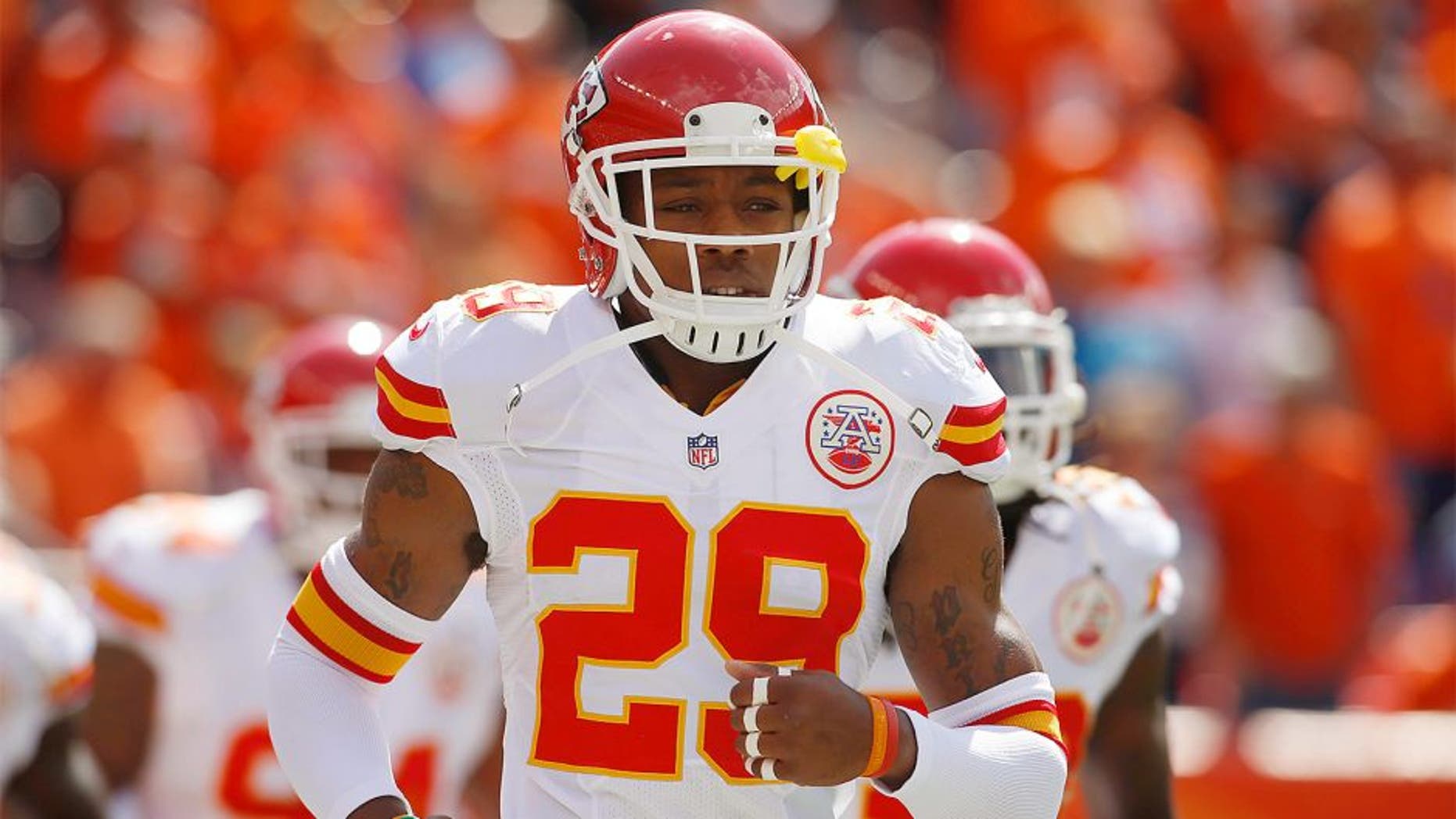Sep 14, 2014; Denver, CO, USA; Kansas City Chiefs safety Eric Berry (29) before the game against the Denver Broncos at Sports Authority Field at Mile High. Mandatory Credit: Chris Humphreys-USA TODAY Sports