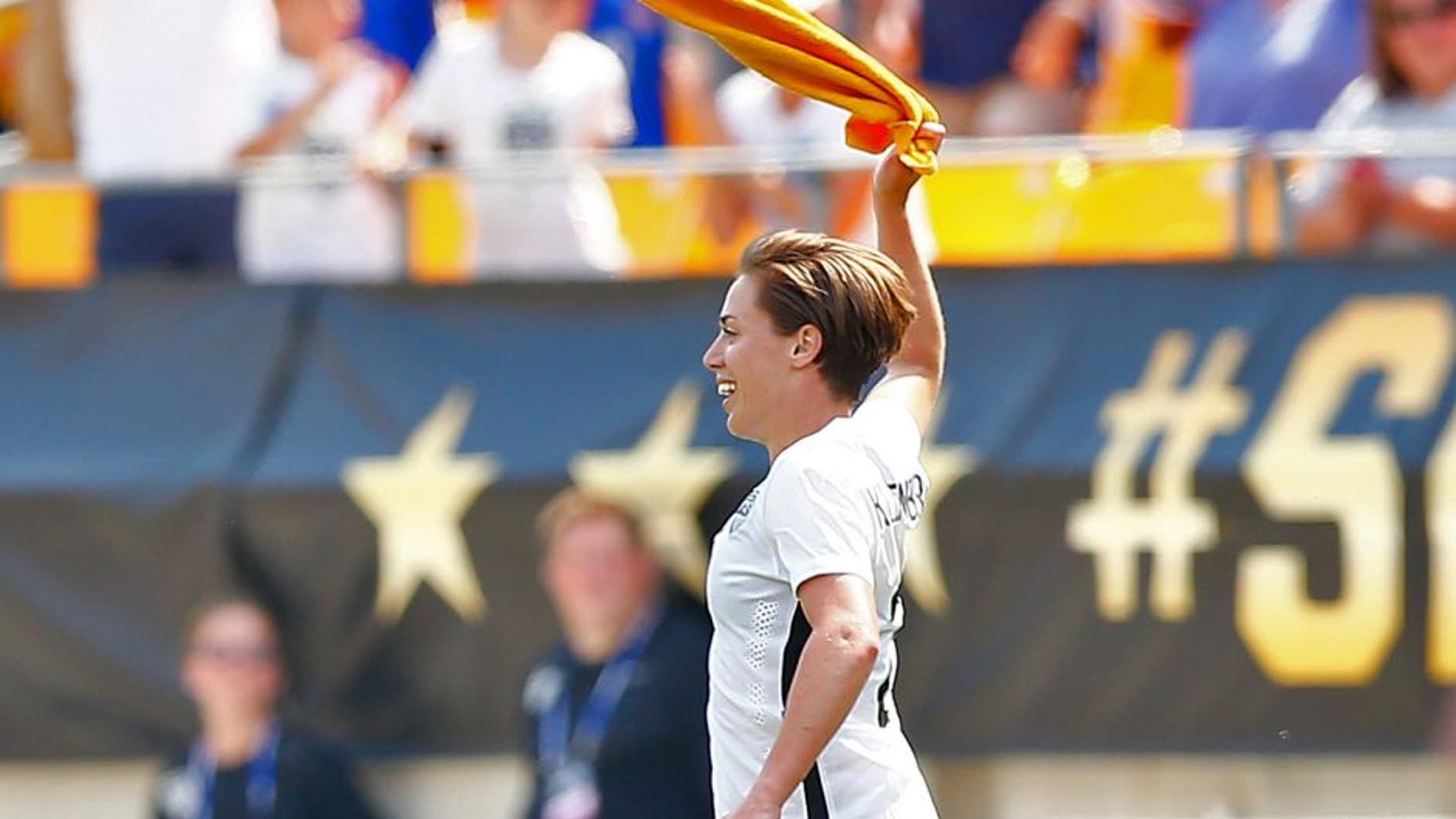 PITTSBURGH, PA - AUGUST 16: Meghan Klingenberg #22 of the United States celebrates her goal in the second half by waving the Terrible Towel against Costa Rica during the match at Heinz Field on August 16, 2015 in Pittsburgh, Pennsylvania. (Photo by Jared Wickerham/Getty Images)