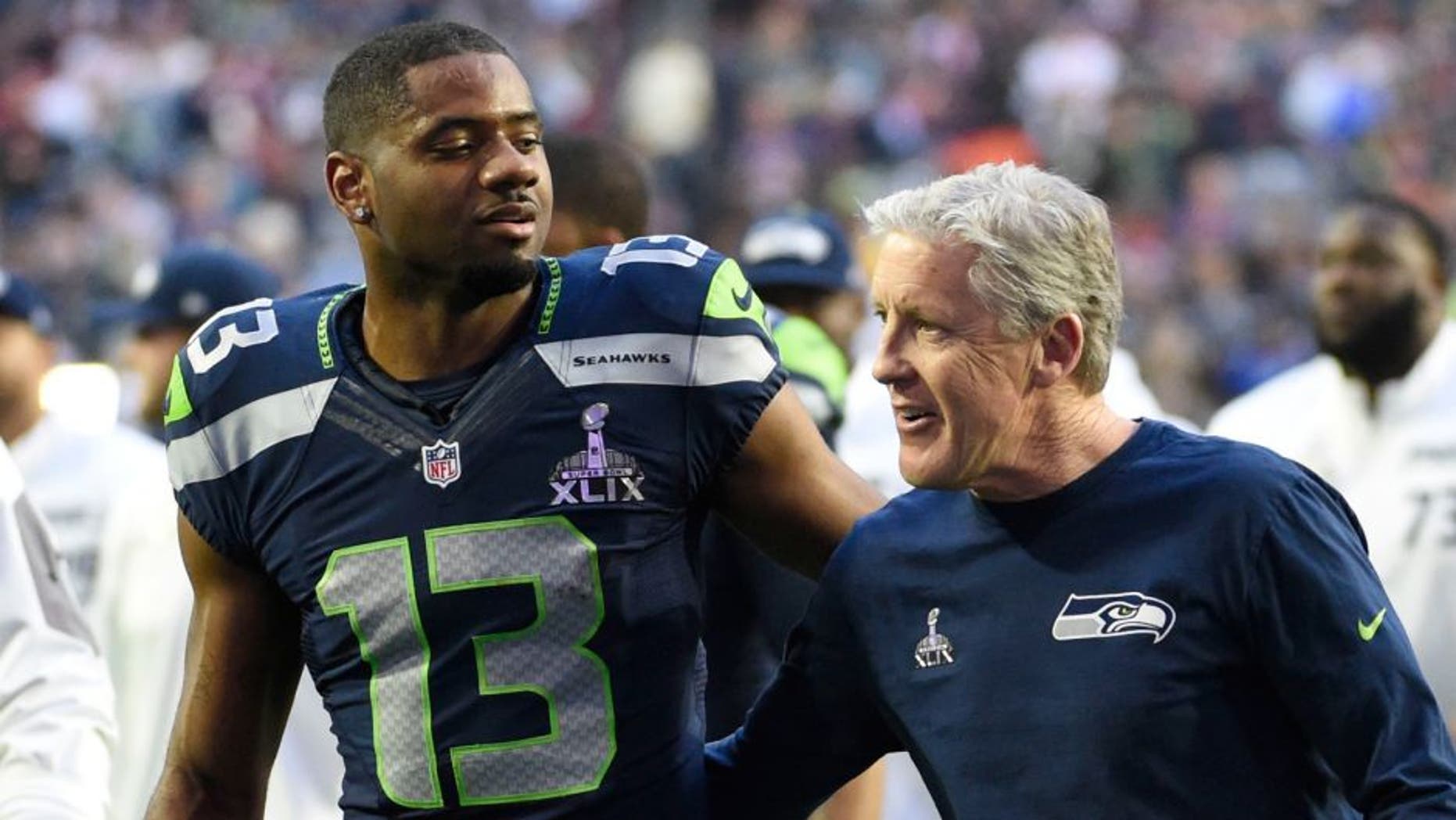 Feb 1, 2015; Glendale, AZ, USA; Seattle Seahawks wide receiver Chris Matthews (13) and Seattle Seahawks head coach Pete Carroll before Super Bowl XLIX at University of Phoenix Stadium. Mandatory Credit: Robert Deutsch-USA TODAY Sports