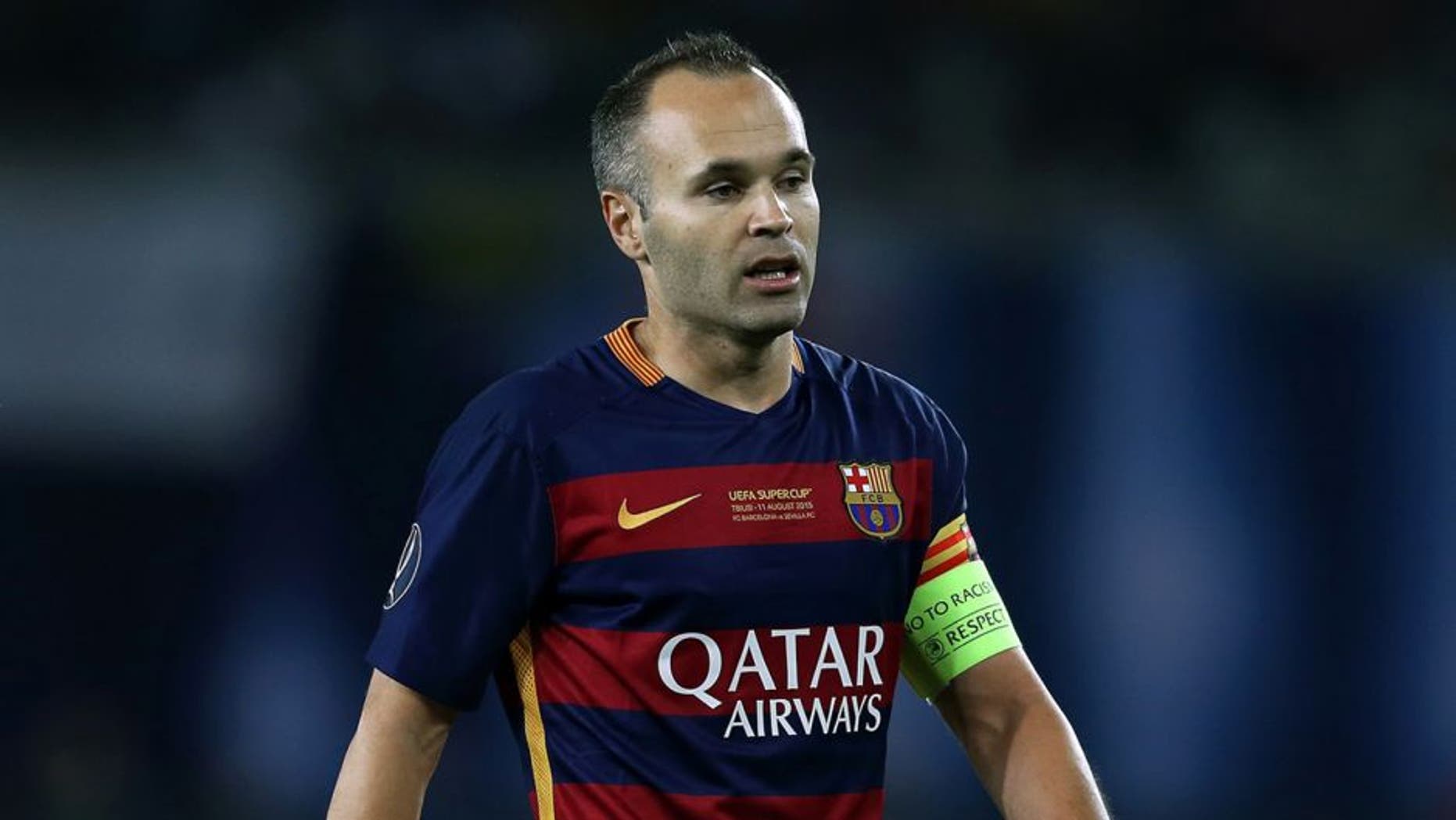 TBILISI, GEORGIA - AUGUST 11: Andres Iniesta of Barcelona looks on during the UEFA Super Cup match between Barcelona and Sevilla FC at Dinamo Stadium on August 11, 2015 in Tbilisi, Georgia. (Photo by Chris Brunskill/Getty Images)