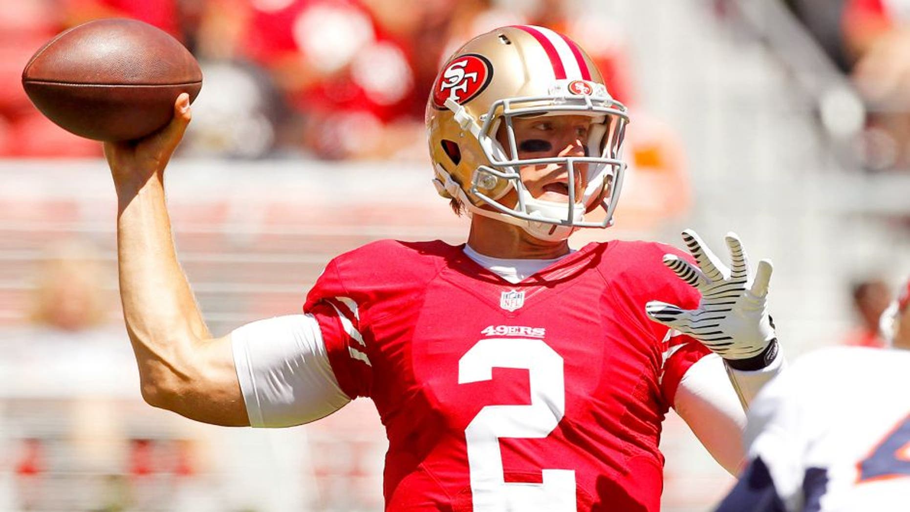Aug 17, 2014; Santa Clara, CA, USA; San Francisco 49ers quarterback Blaine Gabbert (2) prepares to throw a pass against the Denver Broncos in the second quarter at Levi's Stadium. Mandatory Credit: Cary Edmondson-USA TODAY Sports