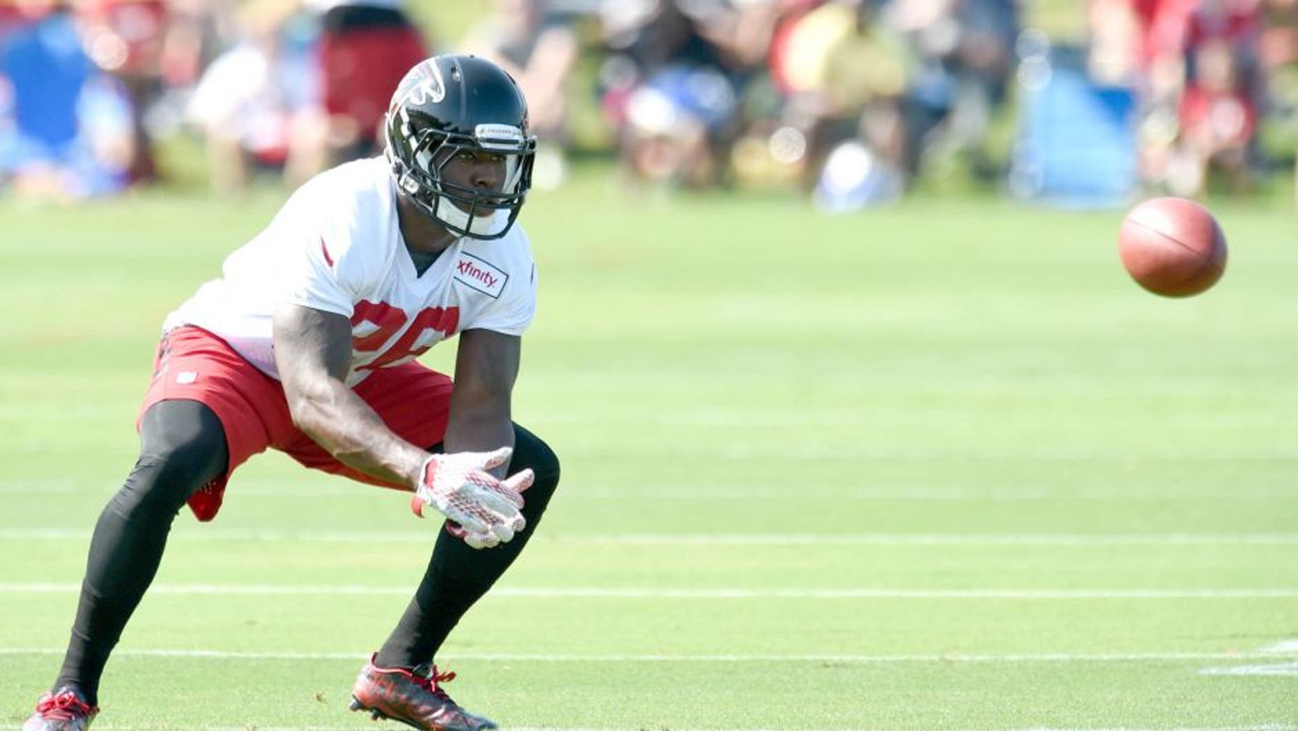 Jul 31, 2015; Flowery Branch, GA, USA; Atlanta Falcons running back Tevin Coleman (26) waits for a pass during training camp at Flowery Branch Training Facility. Mandatory Credit: Dale Zanine-USA TODAY Sports