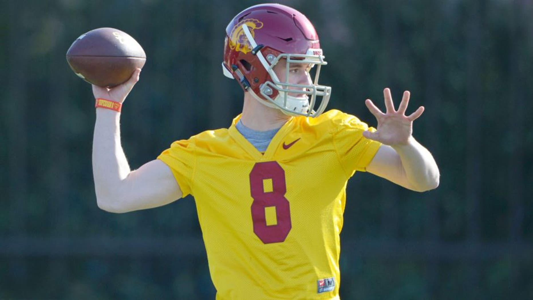 Mar 3, 2015; Los Angeles, CA, USA; Southern California Trojans quarterback Ricky Town (8) throws a pass at spring practice at Cromwell Field. Mandatory Credit: Kirby Lee-USA TODAY Sports