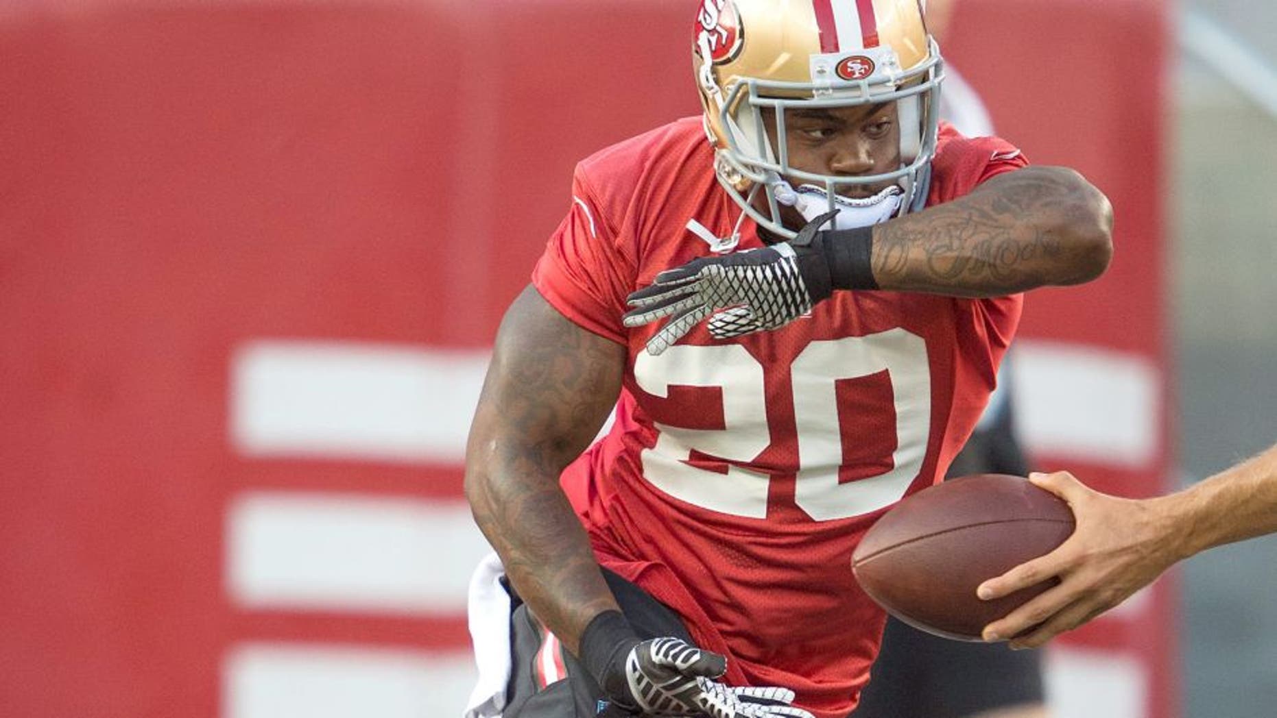 August 1, 2015; Santa Clara, CA, USA; San Francisco 49ers running back Mike Davis (20) during training camp at Levi's Stadium. Mandatory Credit: Kyle Terada-USA TODAY Sports