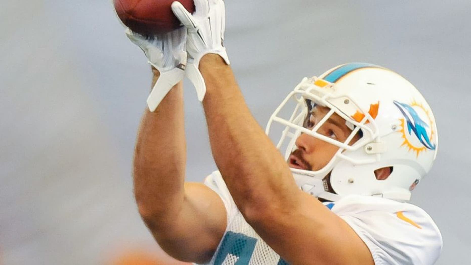 Aug 11, 2015; Davie, FL, USA; Miami Dolphins wide receiver Jordan Cameron (84) during training camp at Doctors Hospital Training Facility. Mandatory Credit: Steve Mitchell-USA TODAY Sports