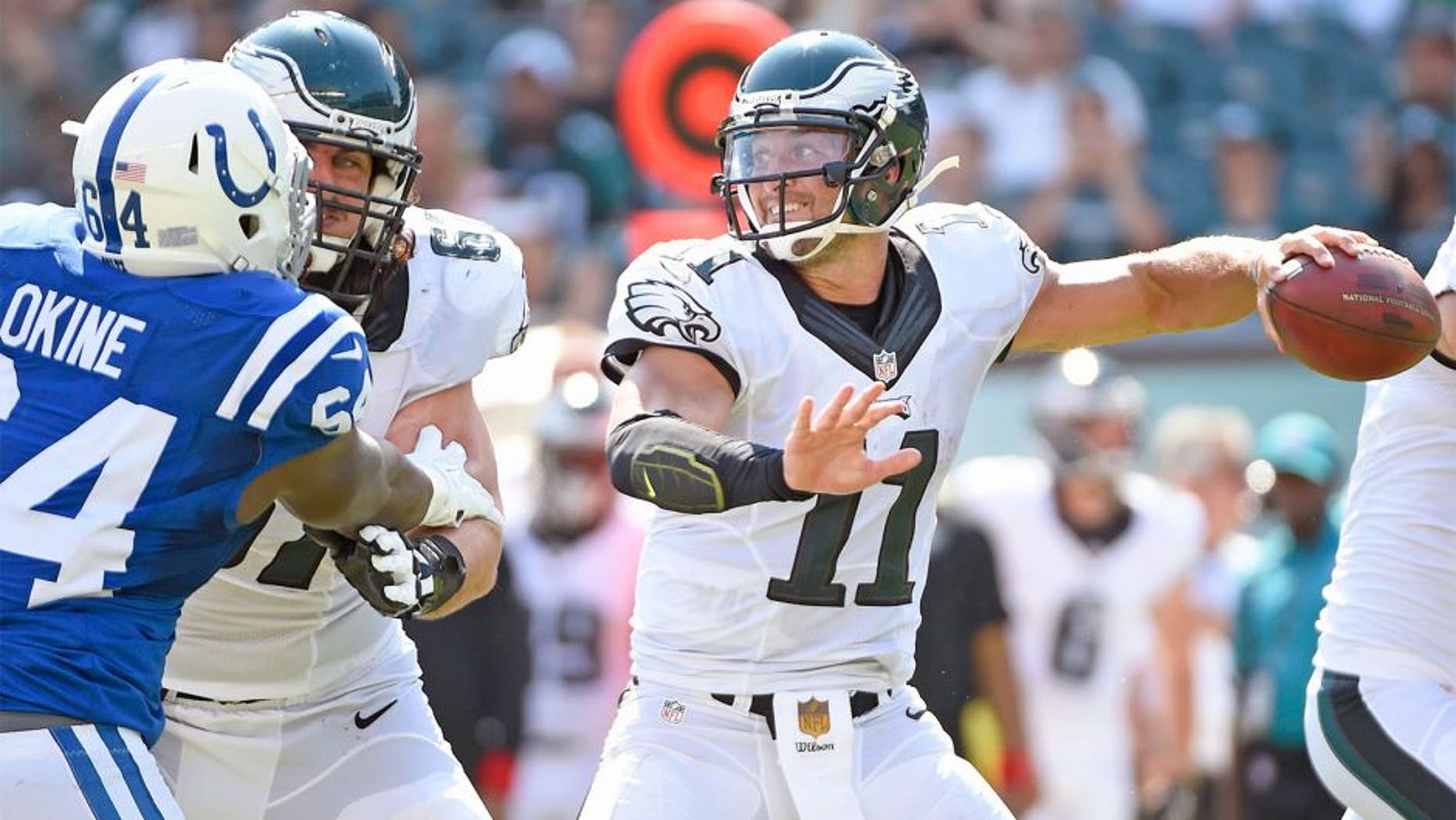 Aug 16, 2015; Philadelphia, PA, USA; Philadelphia Eagles quarterback Tim Tebow (11) throws a pass against the Indianapolis Colts in a preseason NFL football game at Lincoln Financial Field. The Eagles defeated the Colts, 36-10. Mandatory Credit: Eric Hartline-USA TODAY Sports