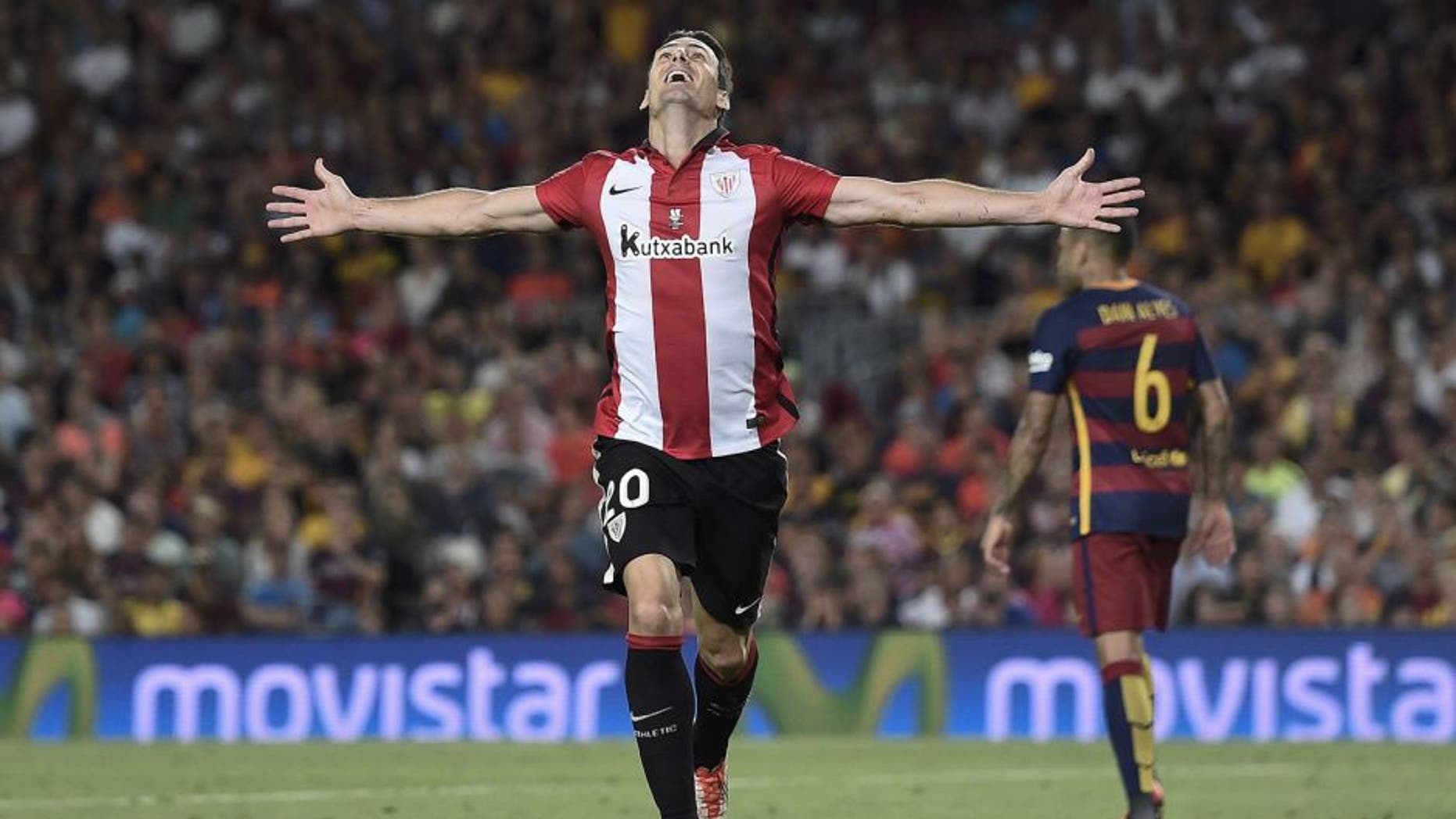 Athletic Bilbao's forward Aritz Aduriz celebrates his goal during the Spanish Supercup second-leg football match FC Barcelona vs Athletic club Bilbao at the Camp Nou stadium in Barcelona on August 17, 2015. AFP PHOTO / JOSEP LAGO (Photo credit should read JOSEP LAGO/AFP/Getty Images)