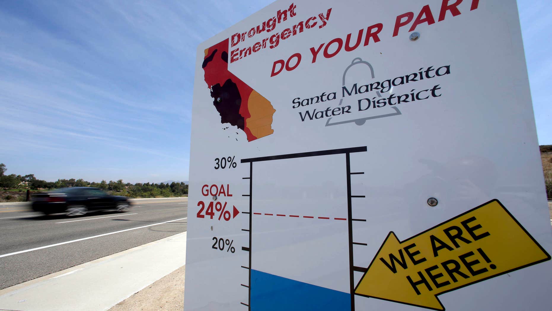 FILE - In this July 2, 2015 file photo, cars in Rancho Santa Margarita, Calif., drive by a sign encouraging residents to save water.