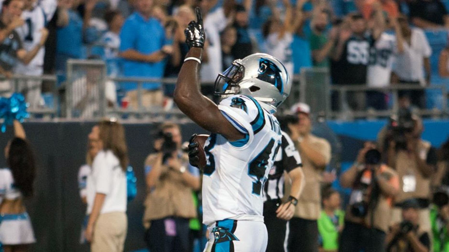 Aug 17, 2014; Charlotte, NC, USA; Carolina Panthers running back Fozzy Whittaker (43) celebrates after scoring a touchdown during the third quarter against the Kansas City Chiefs at Bank of America Stadium. Mandatory Credit: Jeremy Brevard-USA TODAY Sports