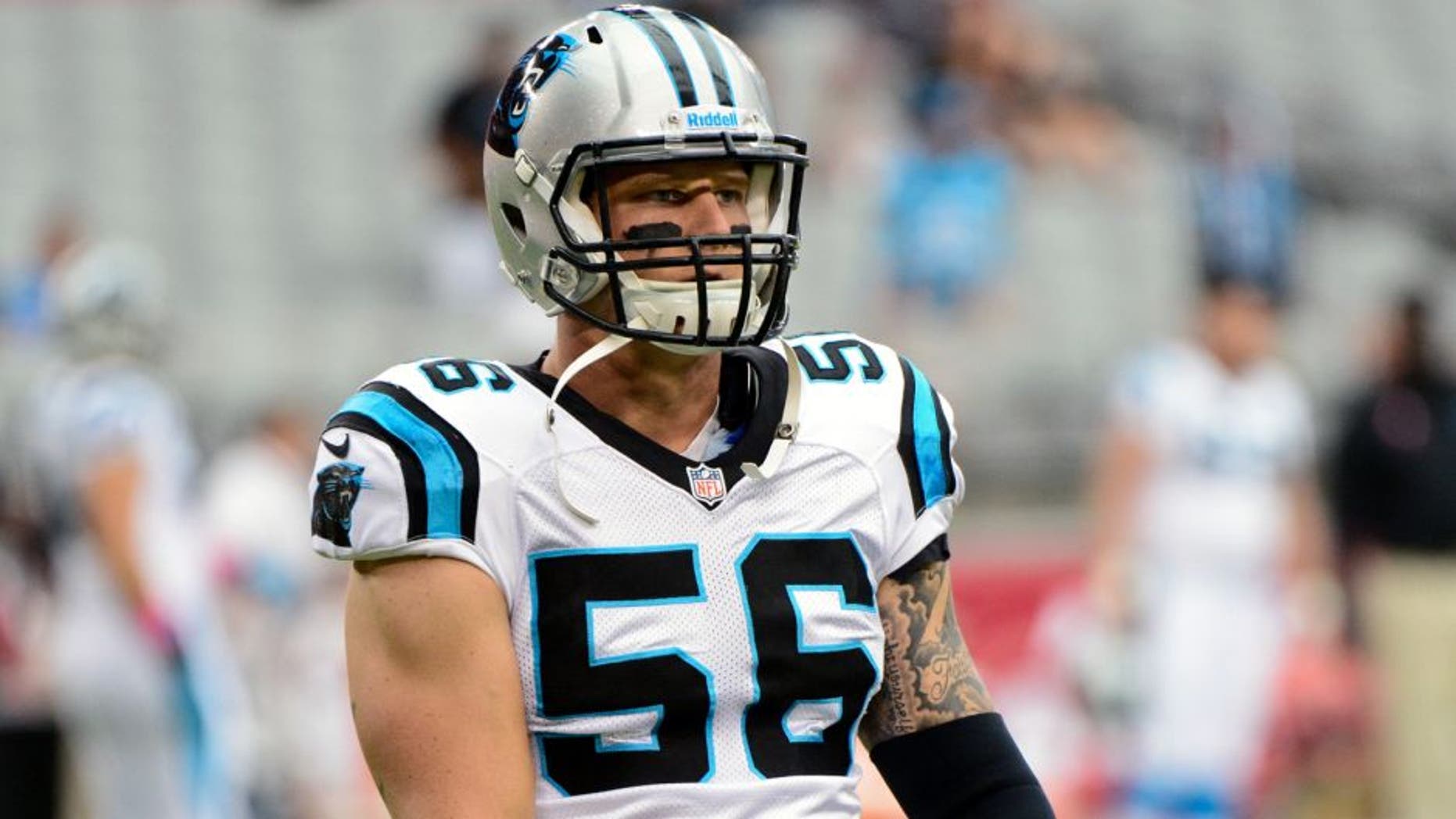 Oct 6, 2013; Phoenix, AZ, USA; Carolina Panthers linebacker A.J. Klein (56) during the game against the Arizona Cardinals at University of Phoenix Stadium. Mandatory Credit: Matt Kartozian-USA TODAY Sports