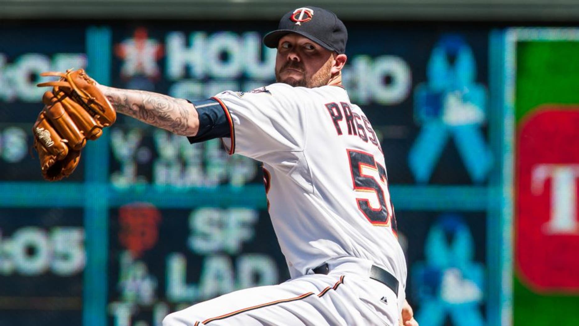 Jun 21, 2015; Minneapolis, MN, USA; Minnesota Twins relief pitcher Ryan Pressly (57) Minnesota Twins throws a pitch during the sixth inning against the Chicago Cubs at Target Field. The Cubs won 8-0. Mandatory Credit: Jeffrey Becker-USA TODAY Sports