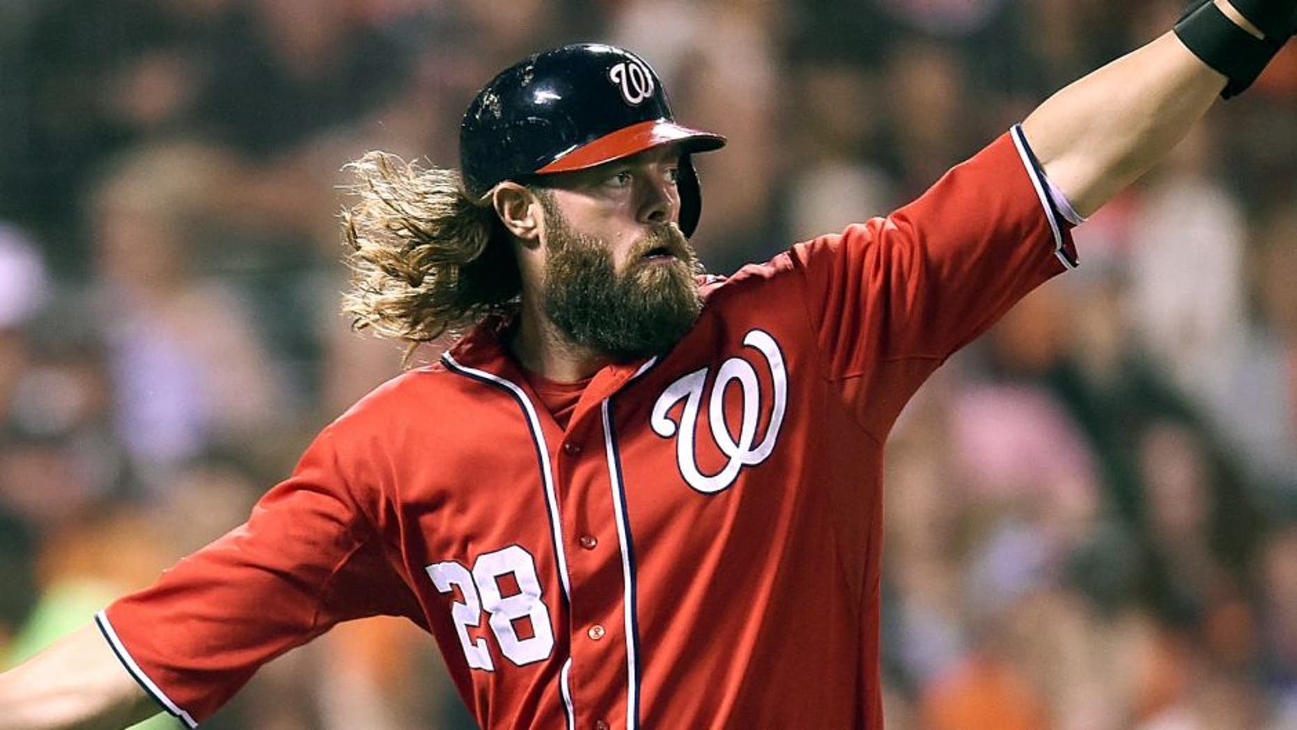SAN FRANCISCO, CA - AUGUST 15: Jayson Werth #28 of the Washington Nationals is congratulated by Ian Desmond #20 after Werth scored against the San Francisco Giants in the top of the six inning at AT&T Park on August 15, 2015 in San Francisco, California. (Photo by Thearon W. Henderson/Getty Images)