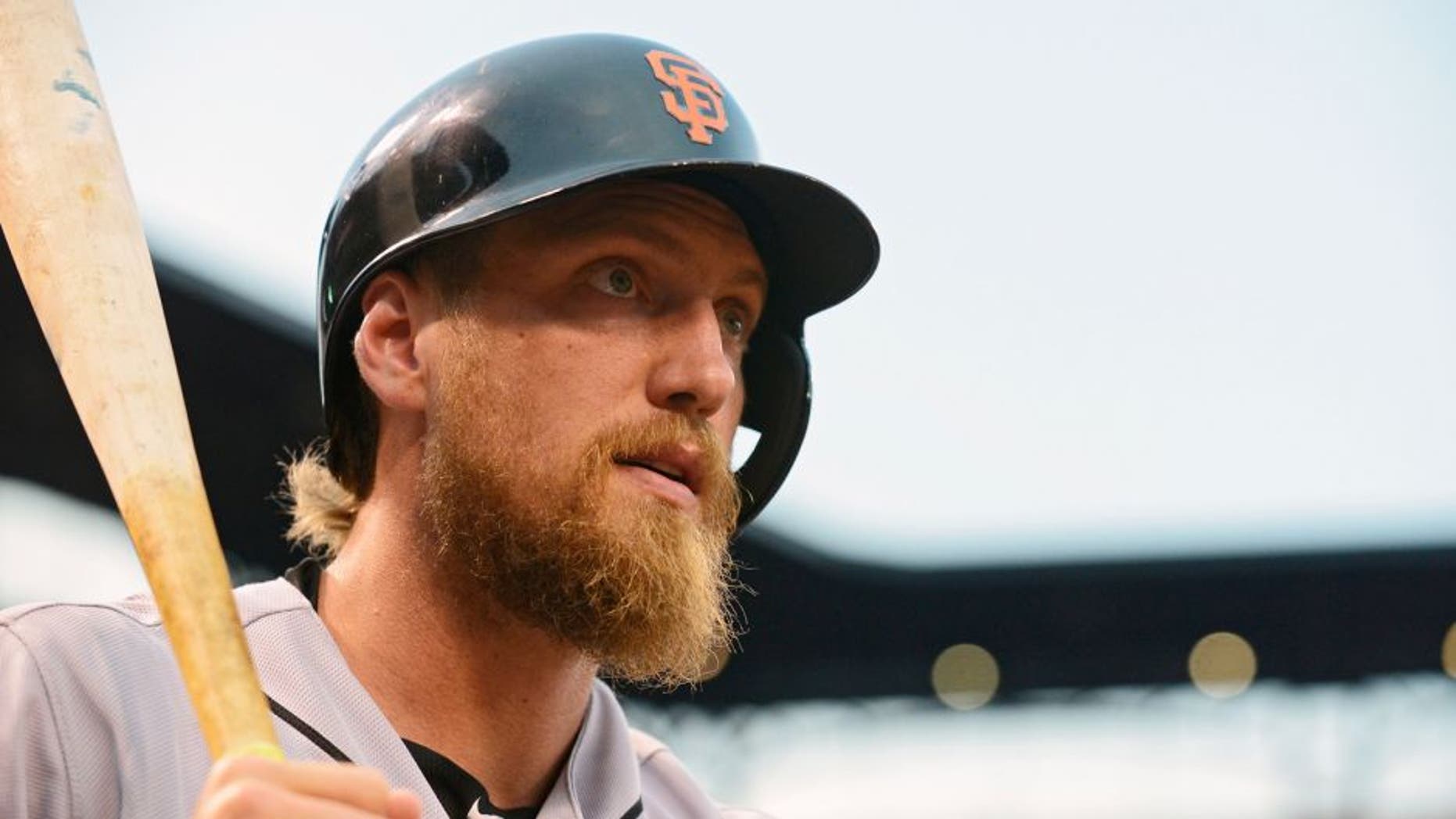 Aug 17, 2015; St. Louis, MO, USA; San Francisco Giants right fielder Hunter Pence (8) looks on during the first inning against the St. Louis Cardinals at Busch Stadium. Mandatory Credit: Jeff Curry-USA TODAY Sports