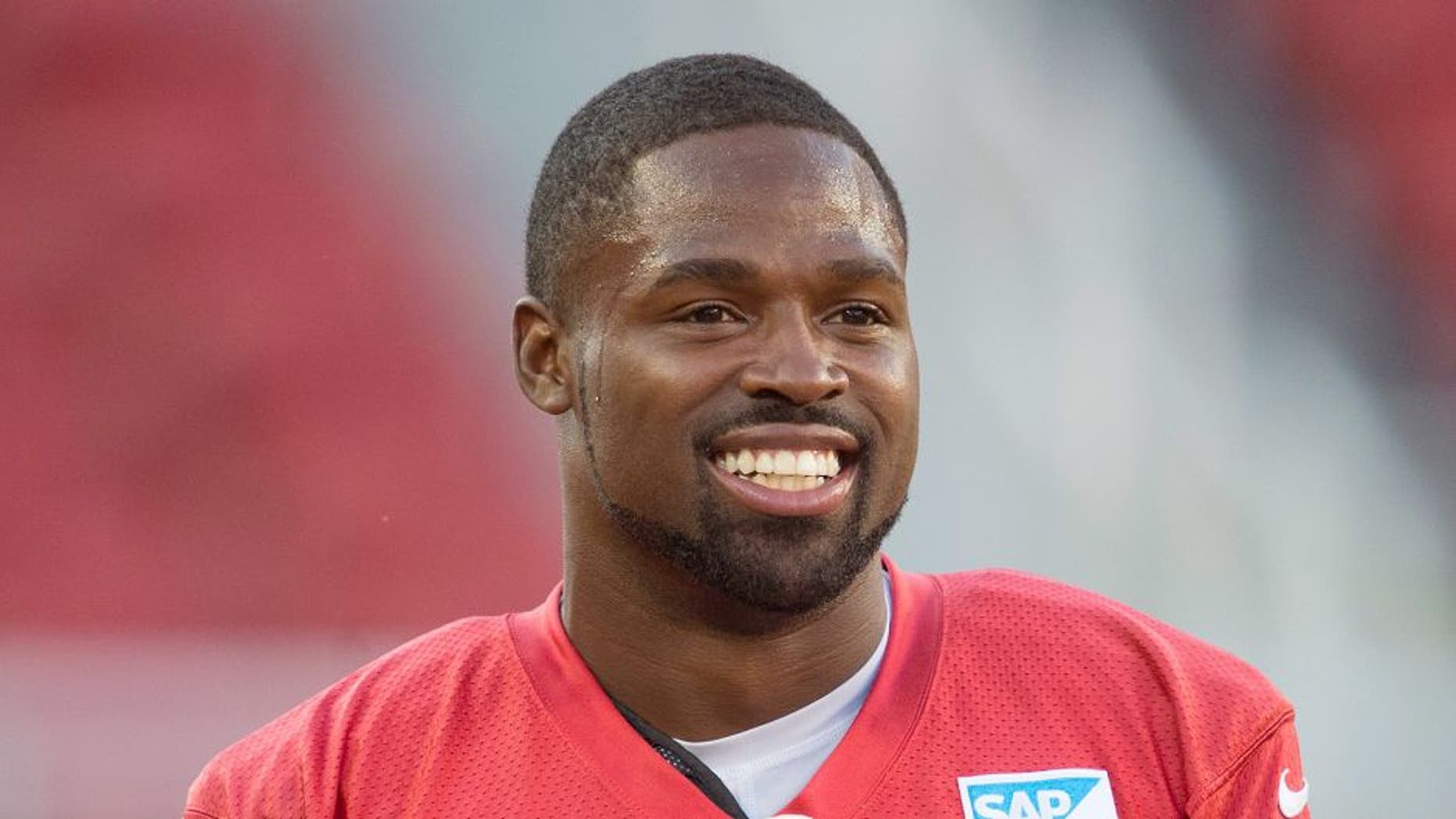 August 1, 2015; Santa Clara, CA, USA; San Francisco 49ers wide receiver Torrey Smith (82) during training camp at Levi's Stadium. Mandatory Credit: Kyle Terada-USA TODAY Sports