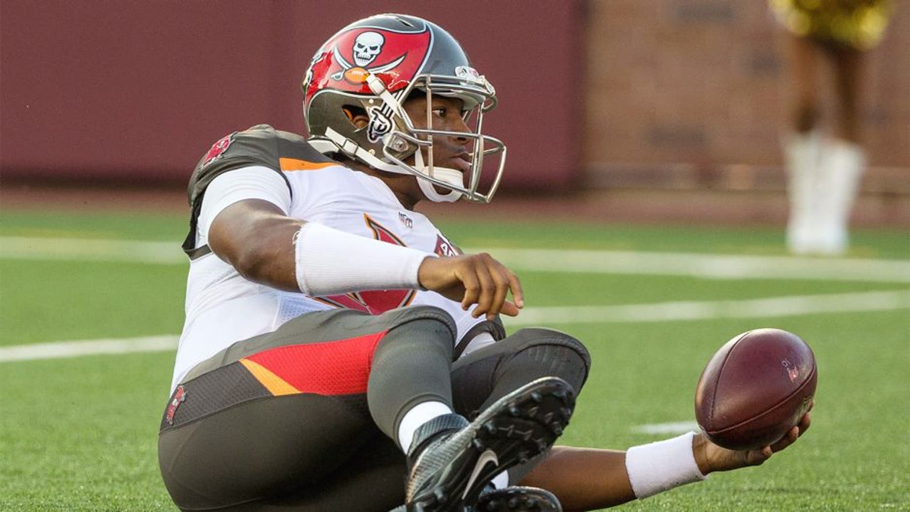Aug 15, 2015; Minneapolis, MN, USA; Tampa Bay Buccaneers quarterback Jameis Winston (3) reacts after a sack during the first quarter in a preseason NFL football game against the Minnesota Vikings at TCF Bank Stadium. Mandatory Credit: Brace Hemmelgarn-USA TODAY Sports