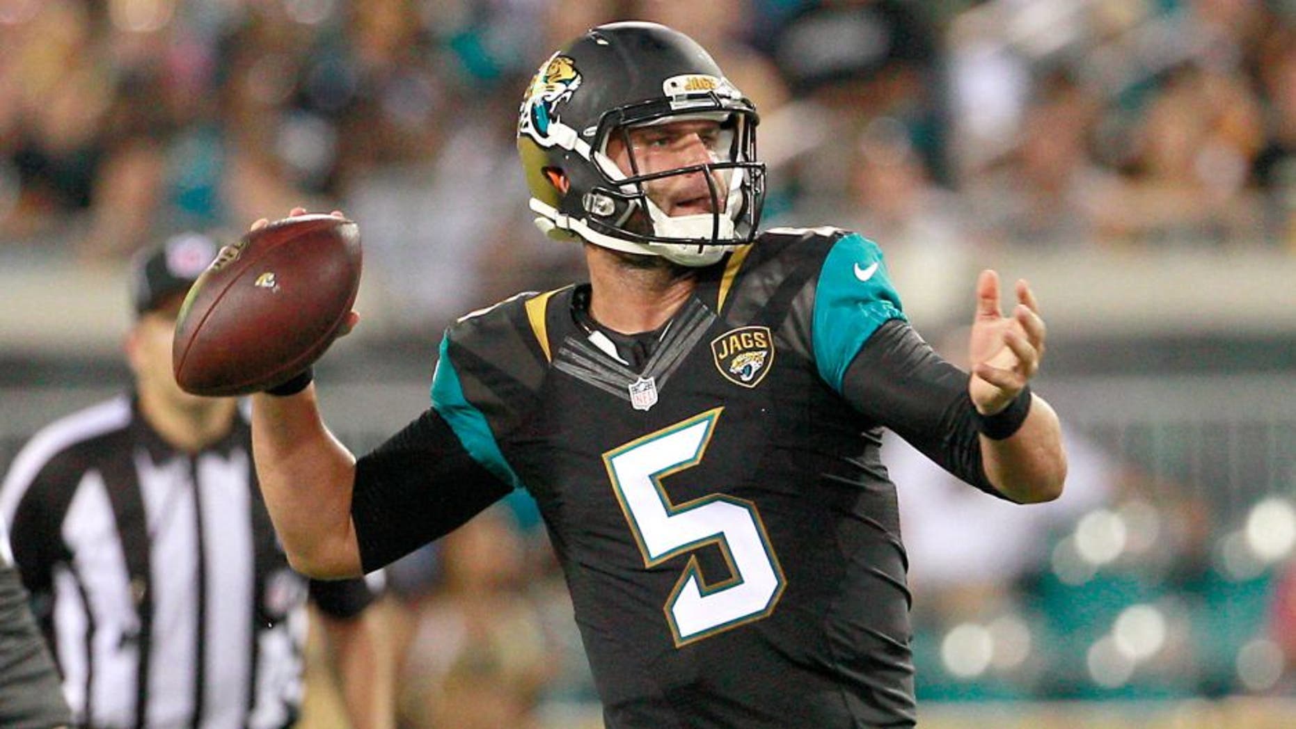 Aug 14, 2015; Jacksonville, FL, USA; Jacksonville Jaguars quarterback Blake Bortles (5) throws a pass during the first half of a preseason NFL football game against the Pittsburgh Steelers at EverBank Field. Mandatory Credit: Reinhold Matay-USA TODAY Sports