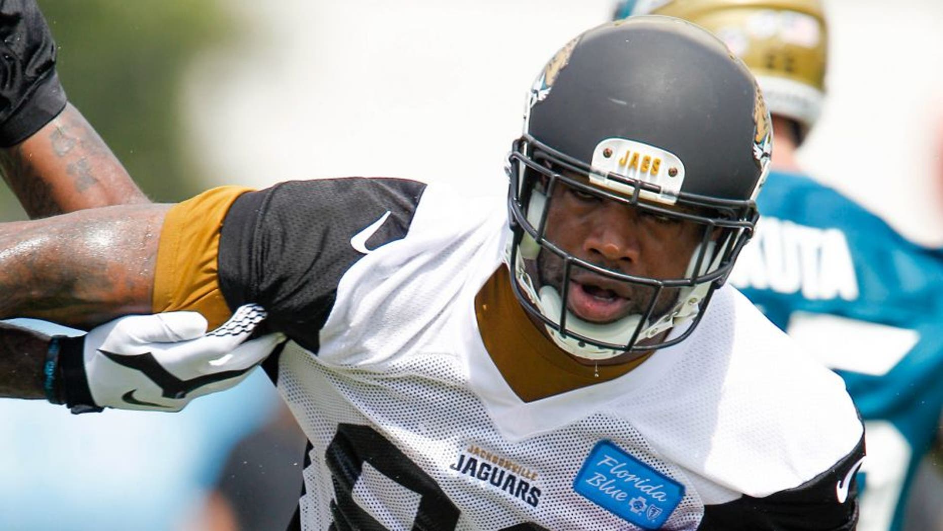 Jul 31, 2015; Jacksonville, FL, USA; Jacksonville Jaguars tight end Marcedes Lewis (89) runs the ball during training camp workouts at Florida Blue Health and Wellness Practice Field. Mandatory Credit: Reinhold Matay-USA TODAY Sports
