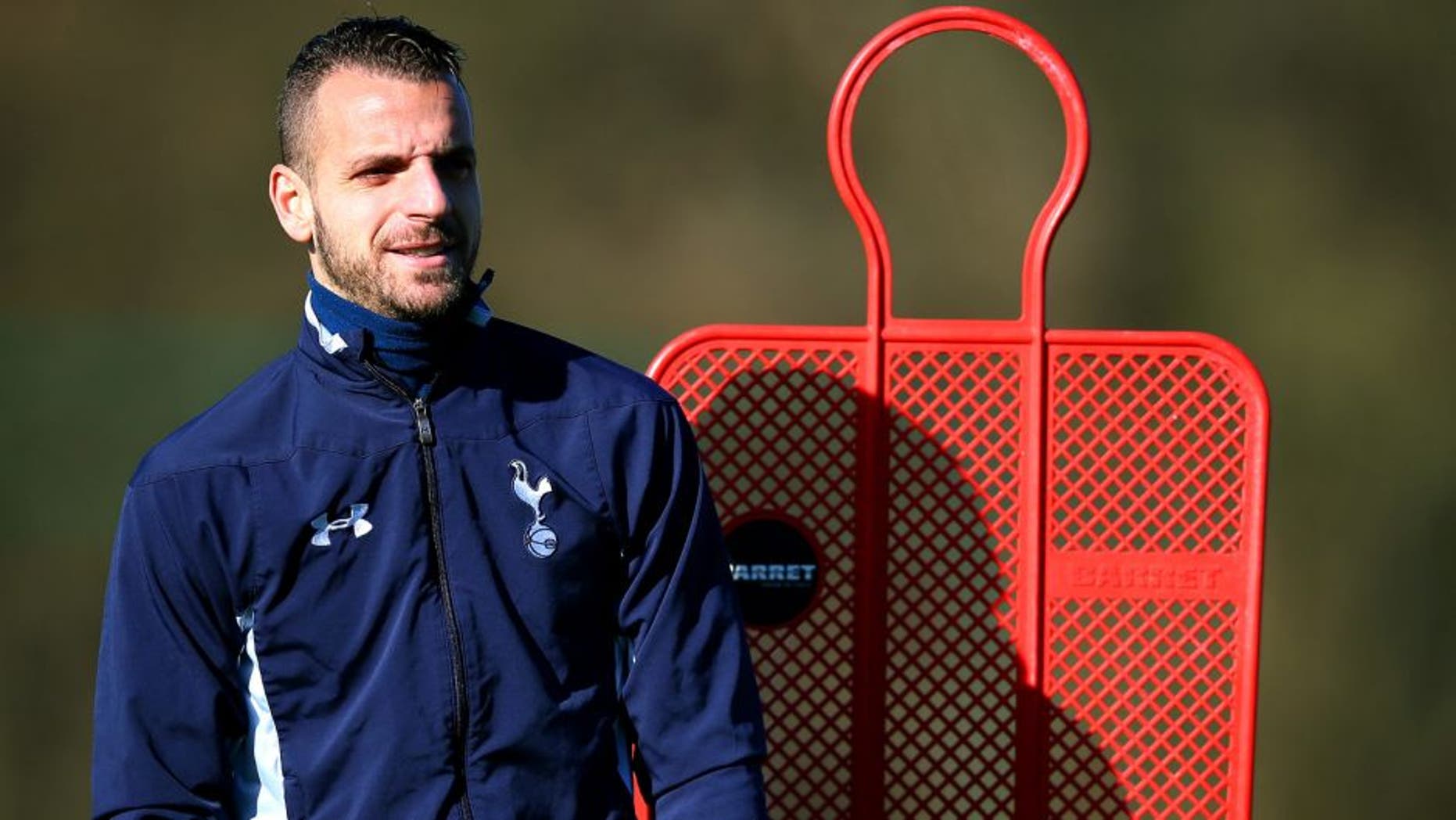 ENFIELD, ENGLAND - FEBRUARY 18: Roberto Soldado of Spurs looks on during a training session ahead of the UEFA Europa League round of 32 first leg match against Fiorentina at Enfield Training Centre on February 18, 2015 in Enfield, United Kingdom. (Photo by Paul Gilham/Getty Images)
