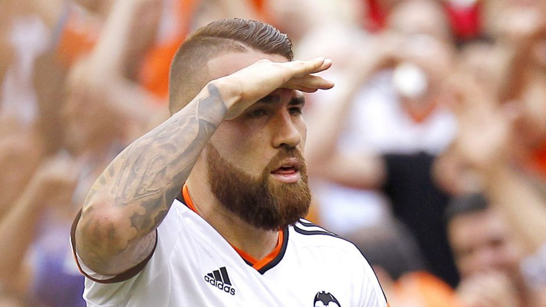 Valencia's Argentinian defender Nicolas Otamendi celebrates after scoring during the Spanish league football match Valencia CF vs SD Eibar at the Mestalla stadium in Valencia on May 3, 2015. AFP PHOTO/ JOSE JORDAN (Photo credit should read JOSE JORDAN/AFP/Getty Images)