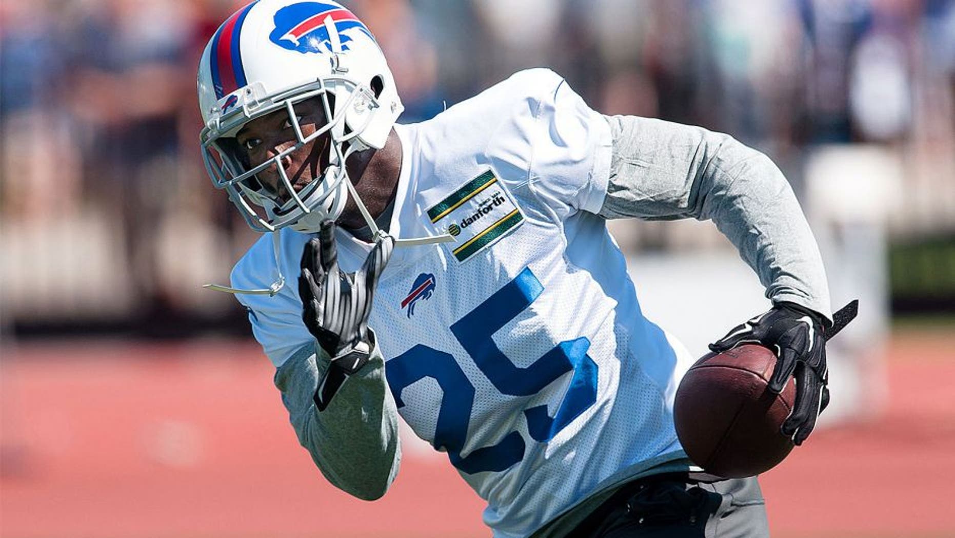 Jul 31, 2015; Pittsford, NY, USA; Buffalo Bills running back LeSean McCoy (25) turns up field after catching a pass during training camp at St. John Fisher College. Mandatory Credit: Mark Konezny-USA TODAY Sports