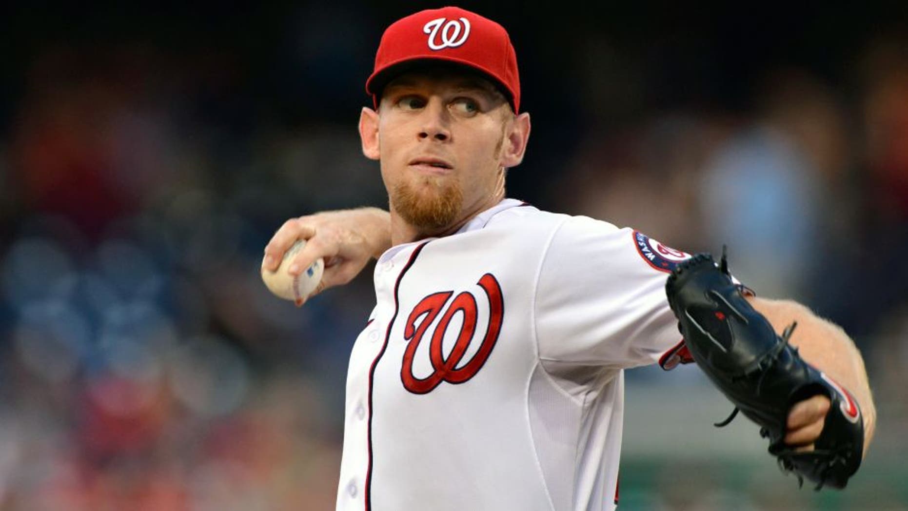 Aug 19, 2014; Washington, DC, USA; Washington Nationals starting pitcher Stephen Strasburg (37) pitches during the first inning against the Arizona Diamondbacks at Nationals Park. Mandatory Credit: Tommy Gilligan-USA TODAY Sports