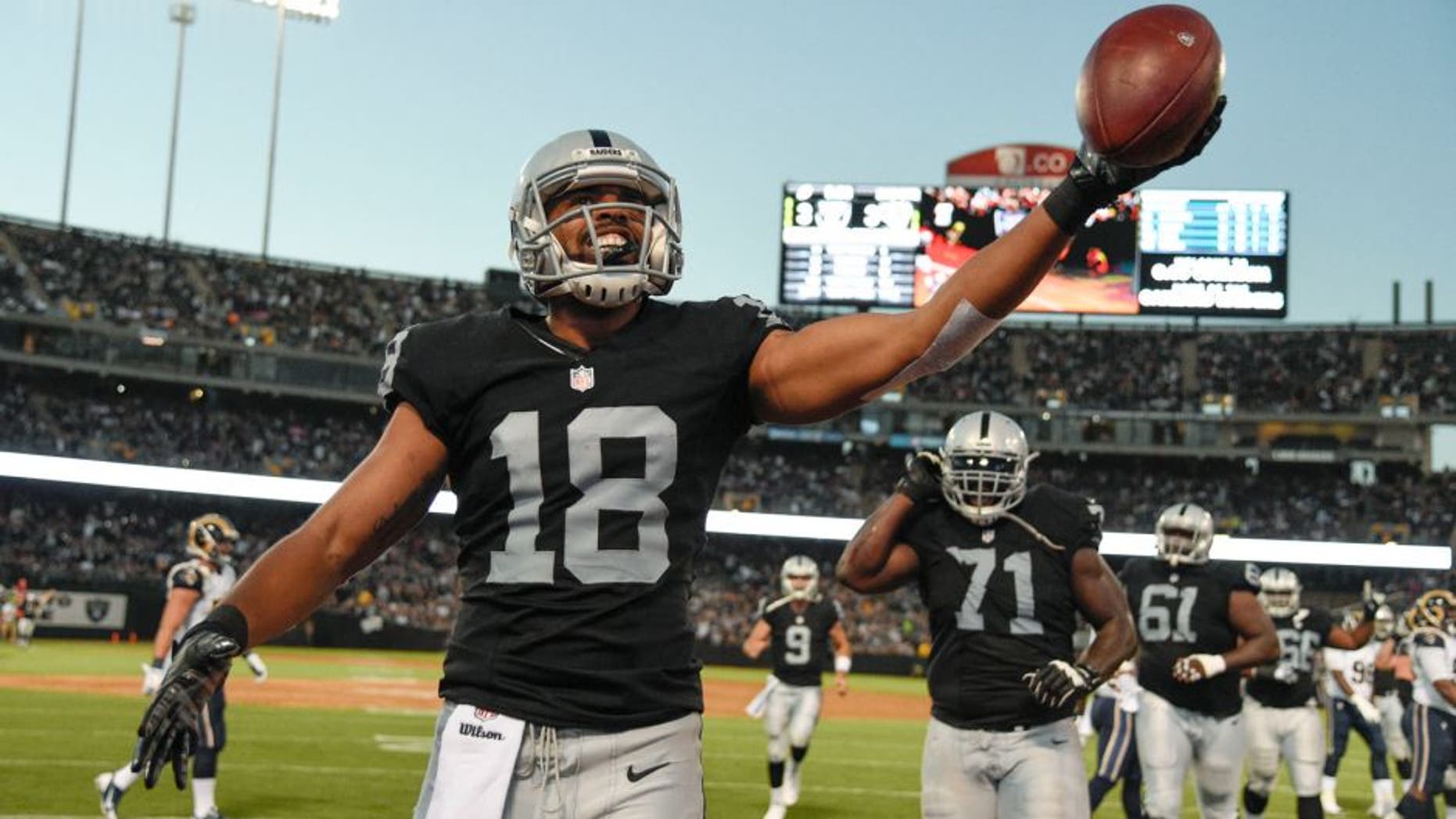August 14, 2015; Oakland, CA, USA; Oakland Raiders wide receiver Andre Holmes (18) celebrates after scoring a touchdown against the St. Louis Rams during the second quarter in a preseason NFL football game at O.co Coliseum. Mandatory Credit: Kyle Terada-USA TODAY Sports