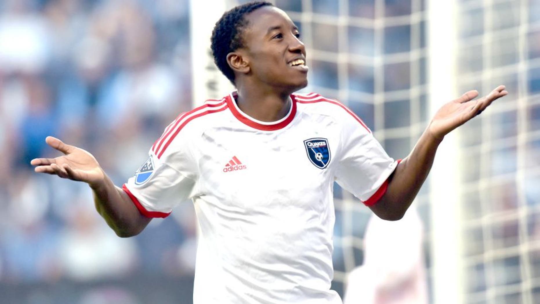 Aug 19, 2015; Kansas City, KS, USA; San Jose Earthquakes midfielder Cordell Cato (7) celebrates after scoring a goal during the first half of the match against Sporting KC at Sporting Park. Mandatory Credit: Denny Medley-USA TODAY Sports