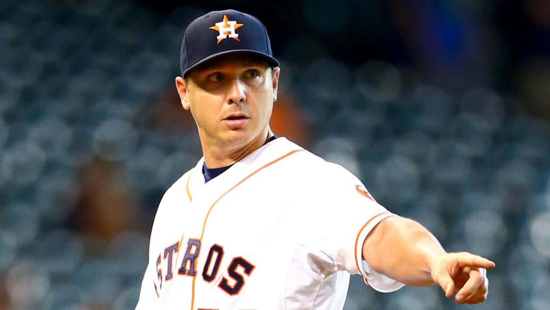 Aug 17, 2015; Houston, TX, USA; Houston Astros pitcher Scott Kazmir reacts in the first inning against the Tampa Bay Rays at Minute Maid Park. Mandatory Credit: Mark J. Rebilas-USA TODAY Sports