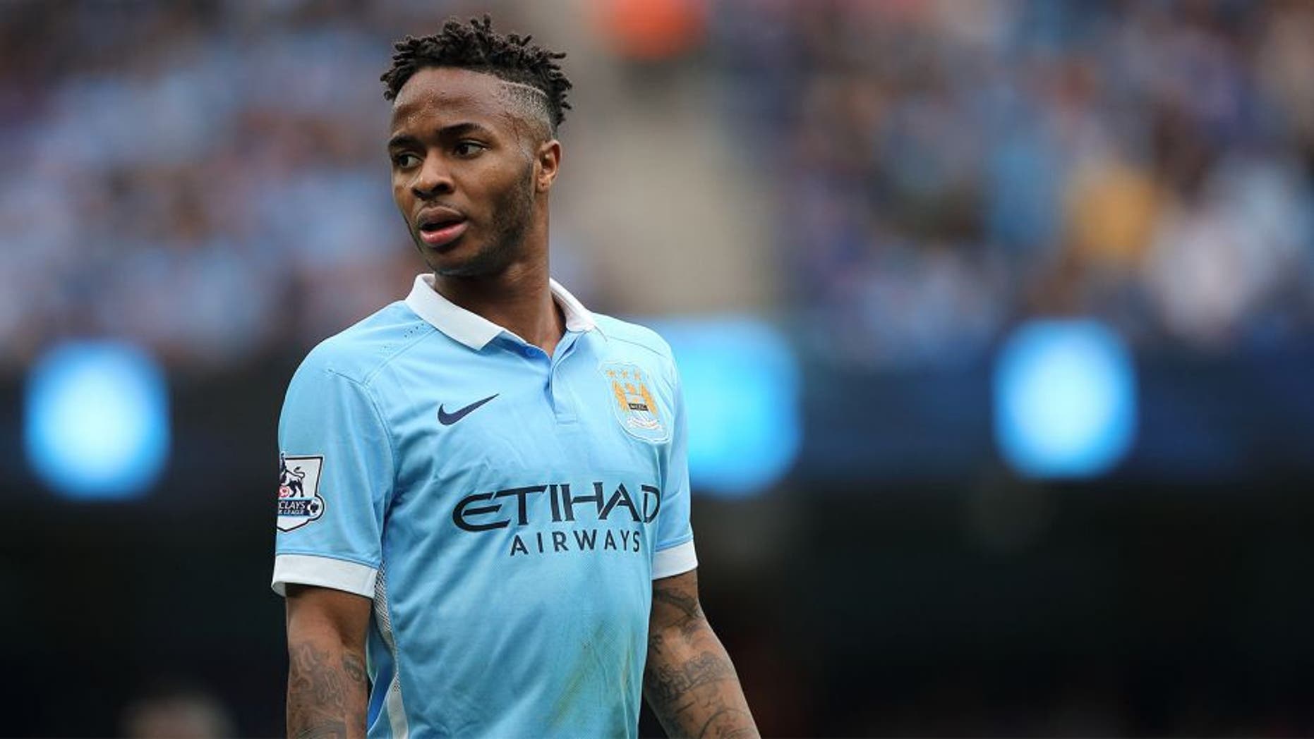 MANCHESTER, ENGLAND - AUGUST 16: Raheem Sterling of Manchester City during the Barclays Premier League match between Manchester City and Chelsea at the Etihad Stadium on August 16, 2015 in Manchester, England. (Photo by Matthew Ashton - AMA/Getty Images)