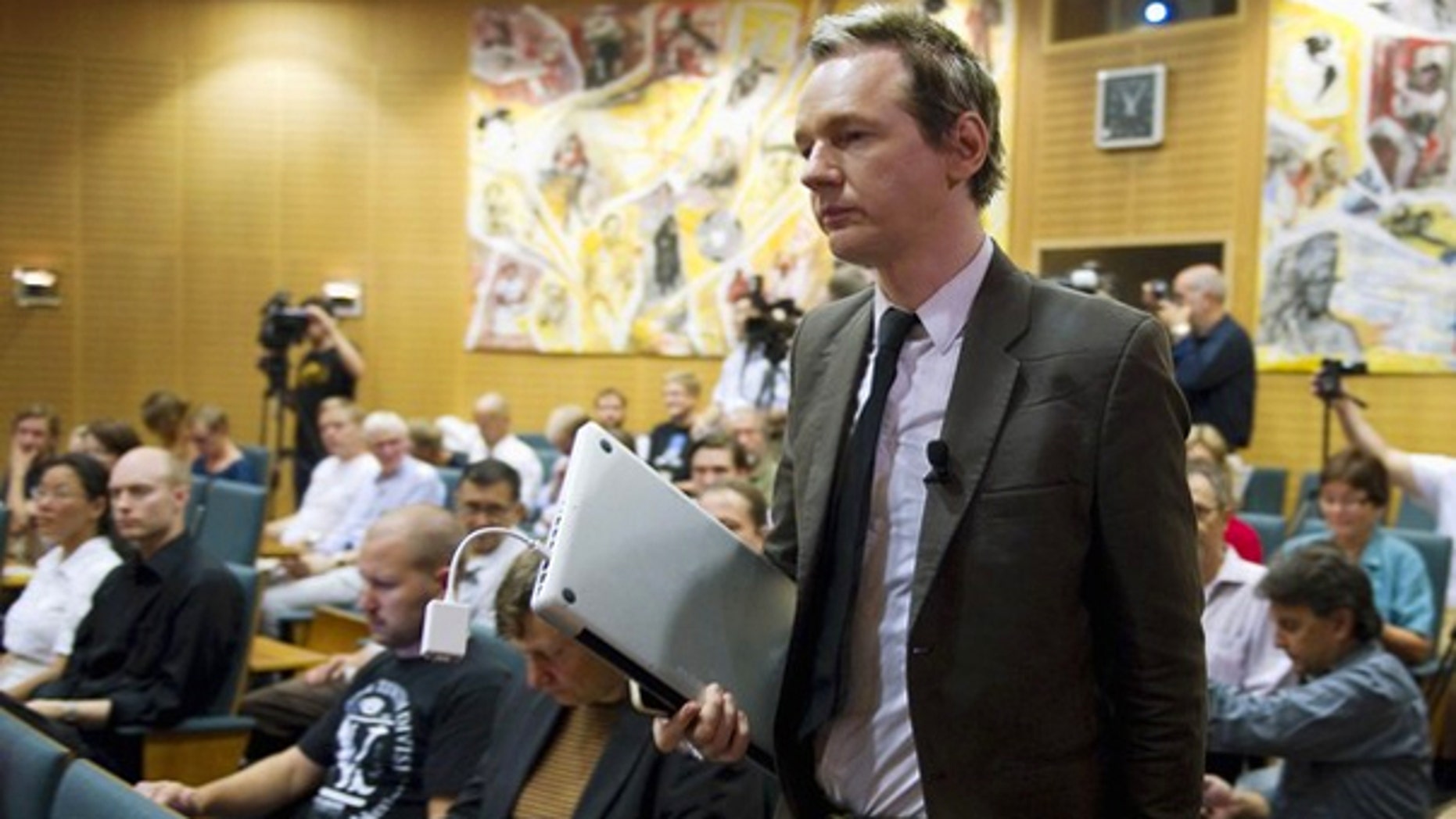 Aug. 14: WikiLeaks founder Julian Assange attends a seminar at the Swedish Trade Union Confederation headquarters in Stockholm.