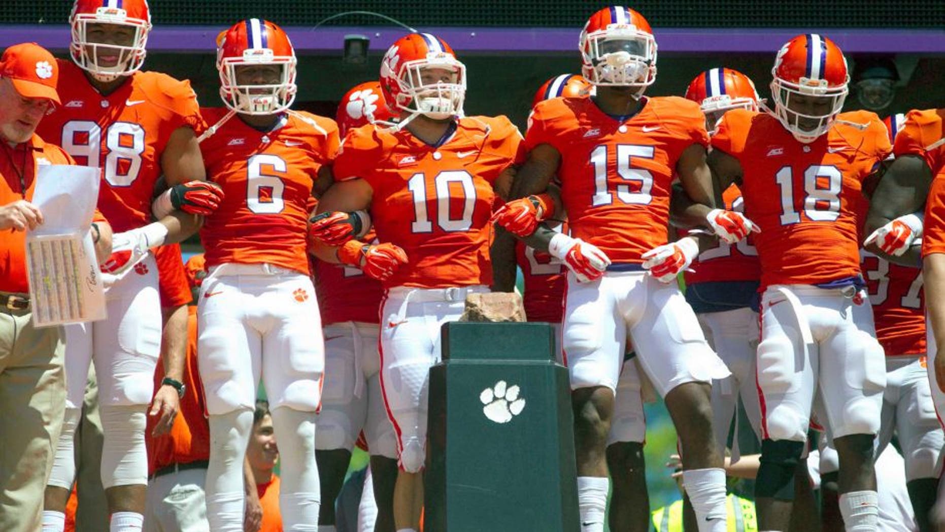 Apr 11, 2015; Clemson, SC, USA; Clemson Tigers players prior to the Clemson spring game at Clemson Memorial Stadium. Mandatory Credit: Joshua S. Kelly-USA TODAY Sports