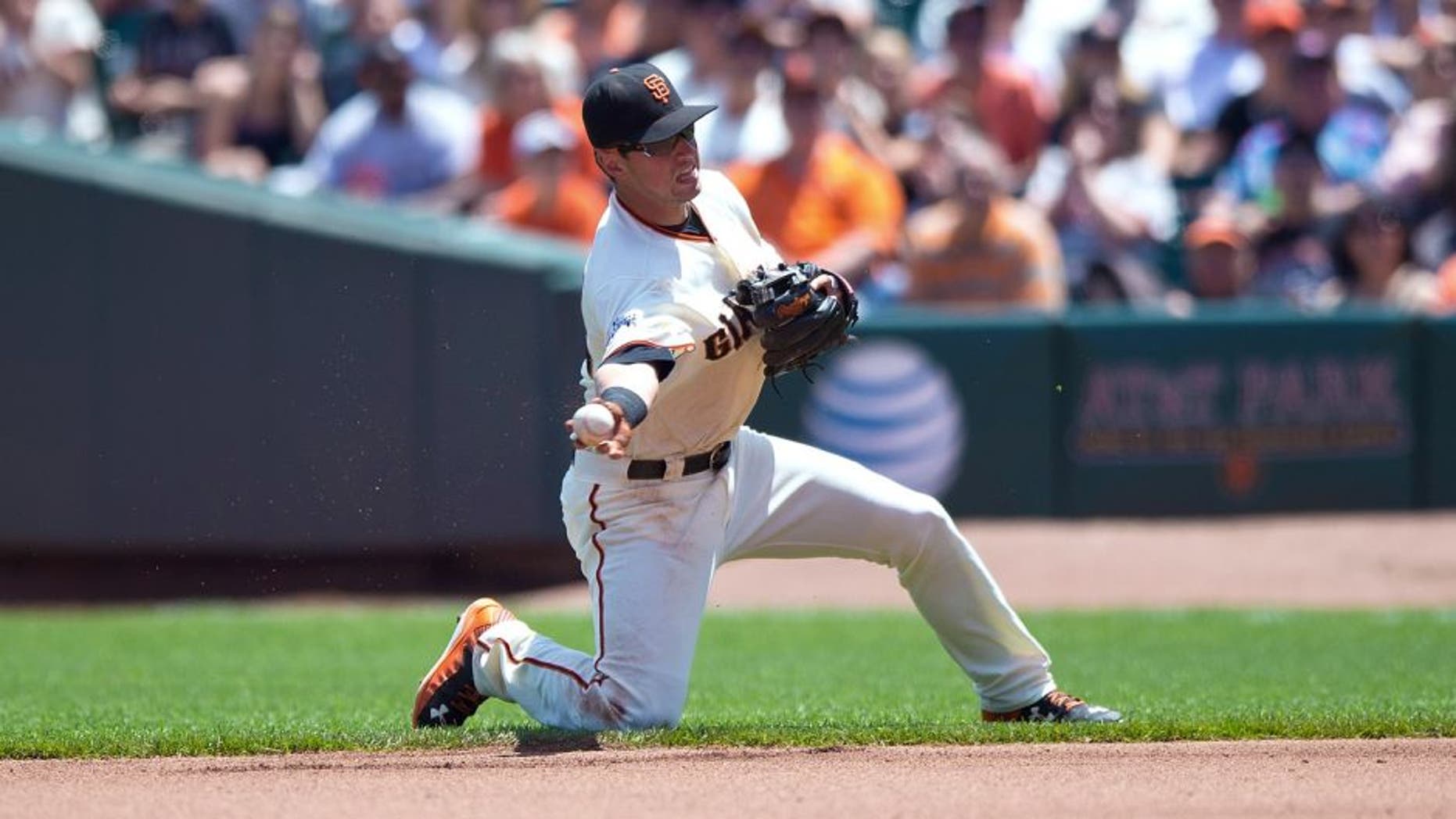 SAN FRANCISCO, CA - JULY 12: Joe Panik #12 of the San Francisco Giants throws to first base after fielding a ground ball against the Philadelphia Phillies during the fourth inning at AT&T Park on July 12, 2015 in San Francisco, California. The San Francisco Giants defeated the Philadelphia Phillies 4-2. (Photo by Jason O. Watson/Getty Images)