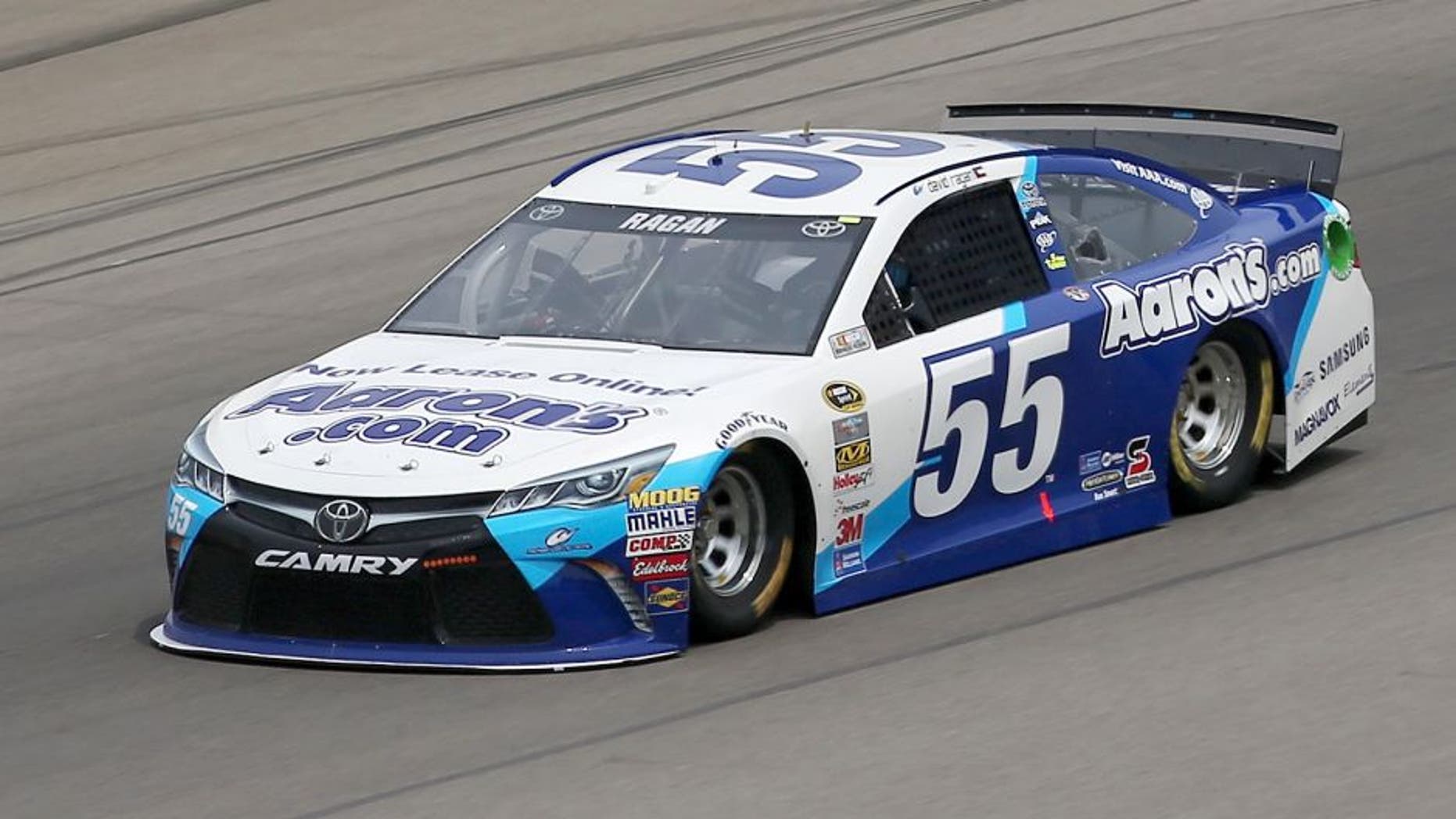 BROOKLYN, MI - AUGUST 14: David Ragan drives the #55 Aaron's Dream Machine Online Version Toyota during practice for the NASCAR Sprint Cup Series Pure Michigan 400 at Michigan International Speedway on August 14, 2015 in Brooklyn, Michigan. (Photo by Sean Gardner/NASCAR via Getty Images)