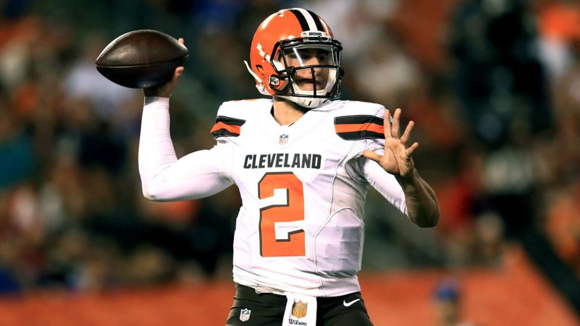Aug 20, 2015; Cleveland, OH, USA; Cleveland Browns quarterback Johnny Manziel (2) throws a pass during the fourth quarter of a preseason game against the Buffalo Bills at FirstEnergy Stadium. Mandatory Credit: Andrew Weber-USA TODAY Sports