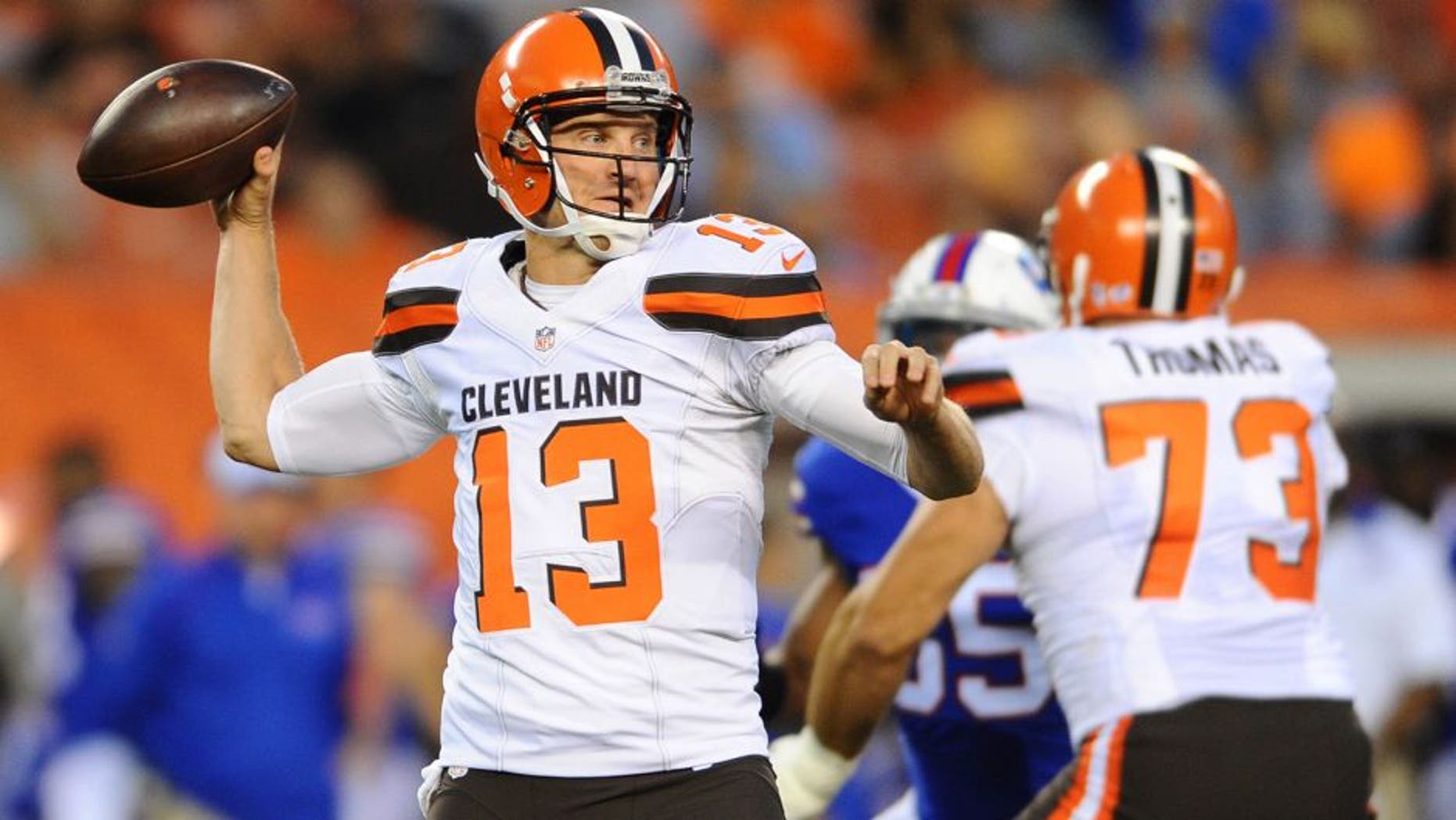 Aug 20, 2015; Cleveland, OH, USA; Cleveland Browns quarterback Josh McCown (13) throws a pass during the first quarter against the Buffalo Bills at FirstEnergy Stadium. Mandatory Credit: Ken Blaze-USA TODAY Sports