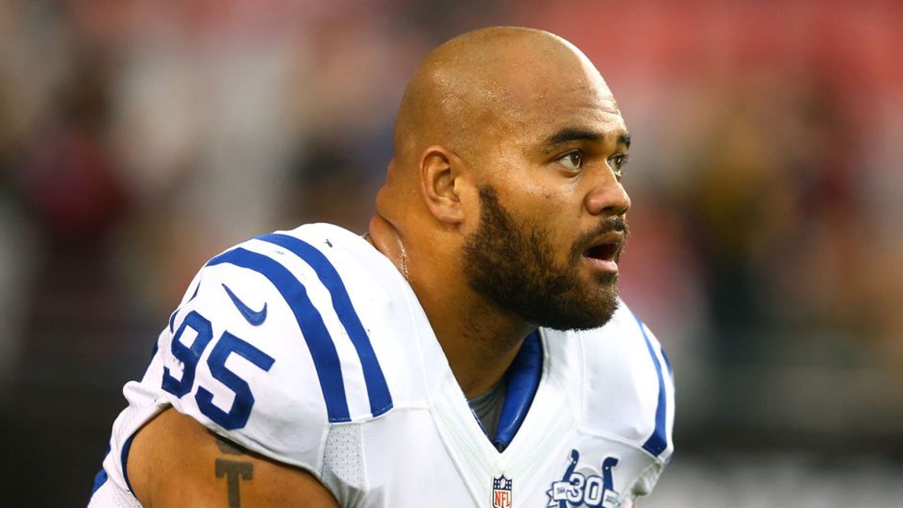 Nov 24, 2013; Phoenix, AZ, USA; Indianapolis Colts defensive end Fili Moala (95) against the Arizona Cardinals at University of Phoenix Stadium. The Cardinals defeated the Colts 40-11. Mandatory Credit: Mark J. Rebilas-USA TODAY Sports
