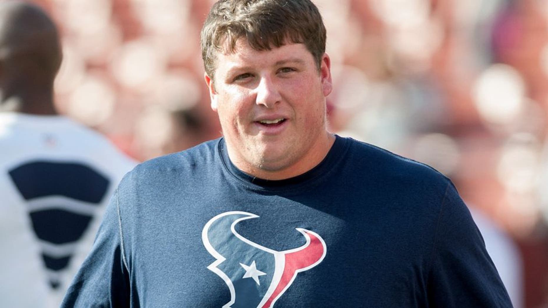 Oct 6, 2013; San Francisco, CA, USA; Houston Texans guard Ben Jones (60) looks on during warmups before the game against the San Francisco 49ers at Candlestick Park. Mandatory Credit: Ed Szczepanski-USA TODAY Sports