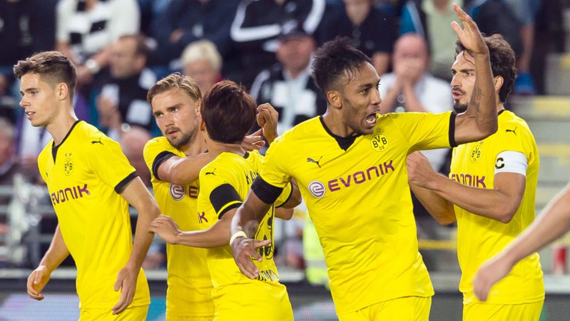 SKIEN, NORWAY - AUGUST 20: Pierre-Emerick Aubameyang of Borussia Dortmund celebrates scoring to make it 3:3 during the UEFA Europa League: Third Qualifying Round 1st Leg match between Wolfsberg and Borussia Dortmund at Skagerrak-Arena on August 20, 2015 in Skien, Norway. (Photo by Alexandre Simoes/Borussia Dortmund/Getty Images)