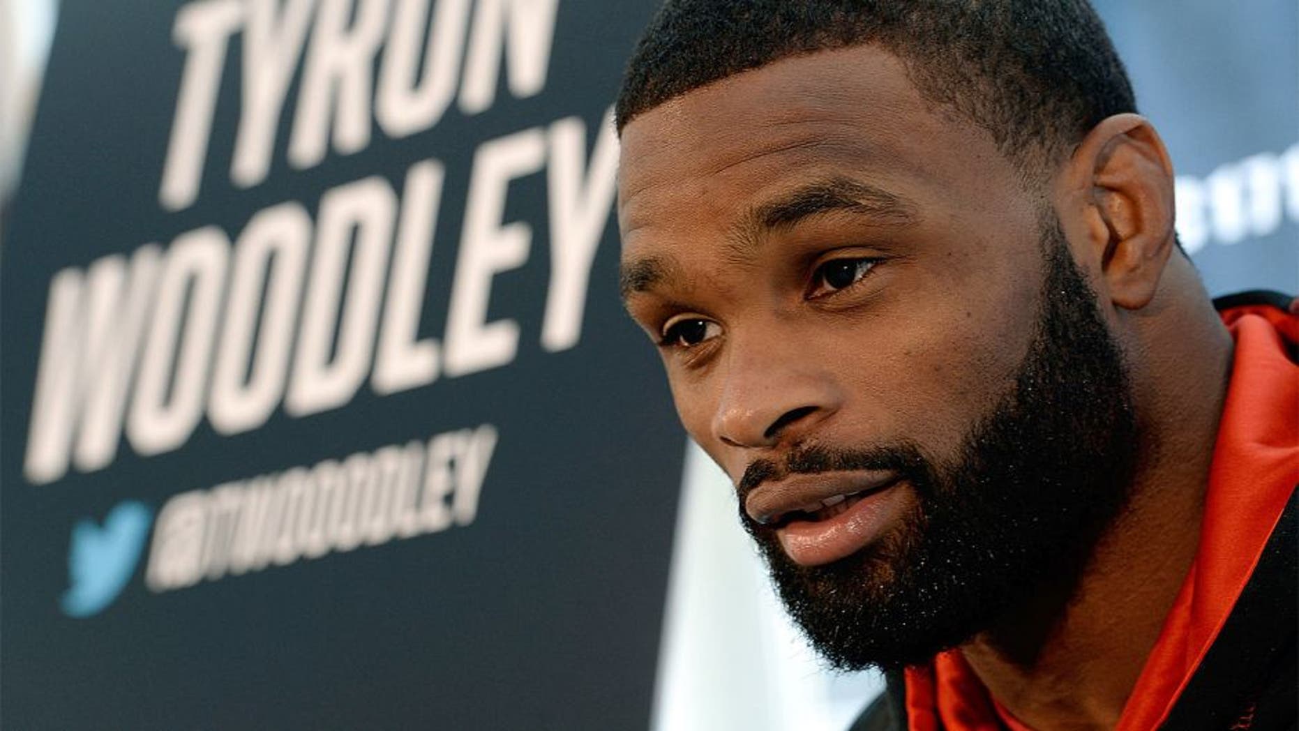 DALLAS, TX - MARCH 13: Tyron Woodley speaks with the media during the UFC 171 Ultimate Media Day at American Airlines Center on March 13, 2014 in Dallas, Texas. (Photo by Jeff Bottari/Zuffa LLC/Zuffa LLC via Getty Images)
