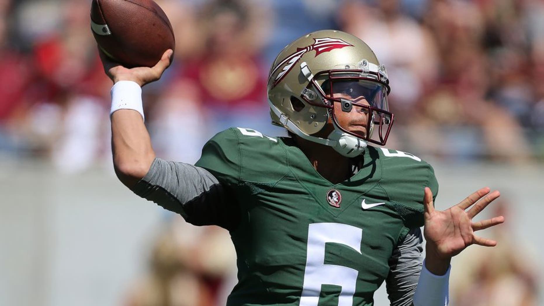 Apr 9, 2016; Orlando, FL, USA; Florida State Seminoles quarterback Malik Henry (6) throws a ball during the Florida State spring game at the Citrus Bowl. Mandatory Credit: Logan Bowles-USA TODAY Sports
