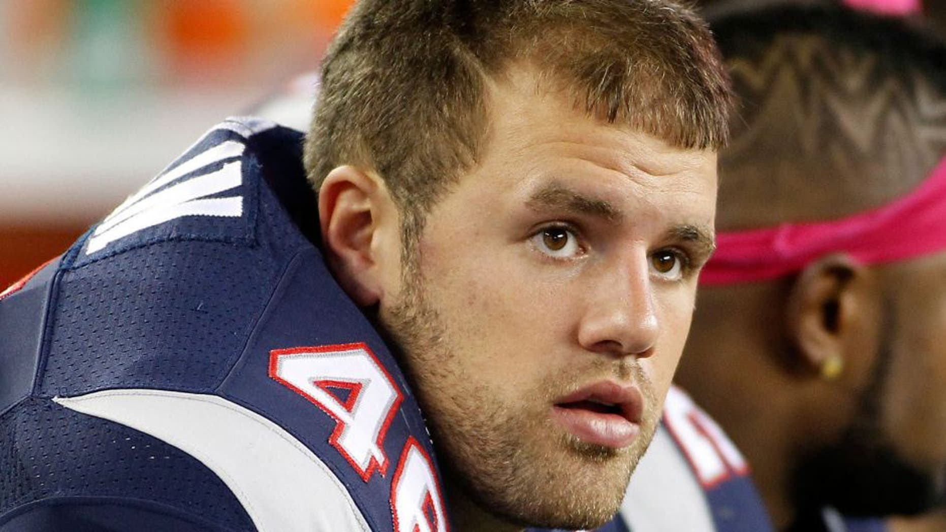 Oct 13, 2013; Foxborough, MA, USA; New England Patriots fullback James Develin (46) during the third quarter against the New Orleans Saints at Gillette Stadium. The Patriots defeated the Saints 30-27. Mandatory Credit: Stew Milne-USA TODAY Sports