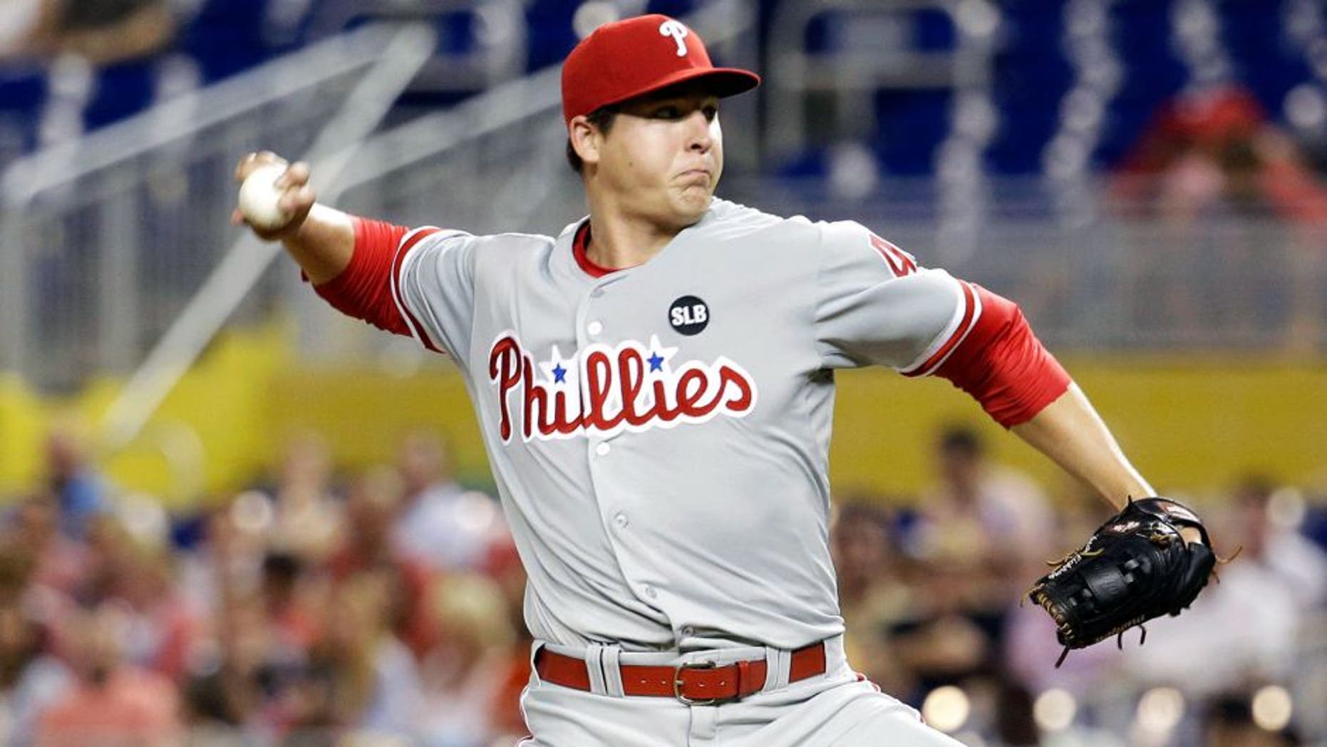 Philadelphia Phillies' starting pitcher Jerad Eickhoff throws in the first inning of a baseball game against the Miami Marlins, Friday, Aug. 21, 2015, in Miami. (AP Photo/Lynne Sladky)