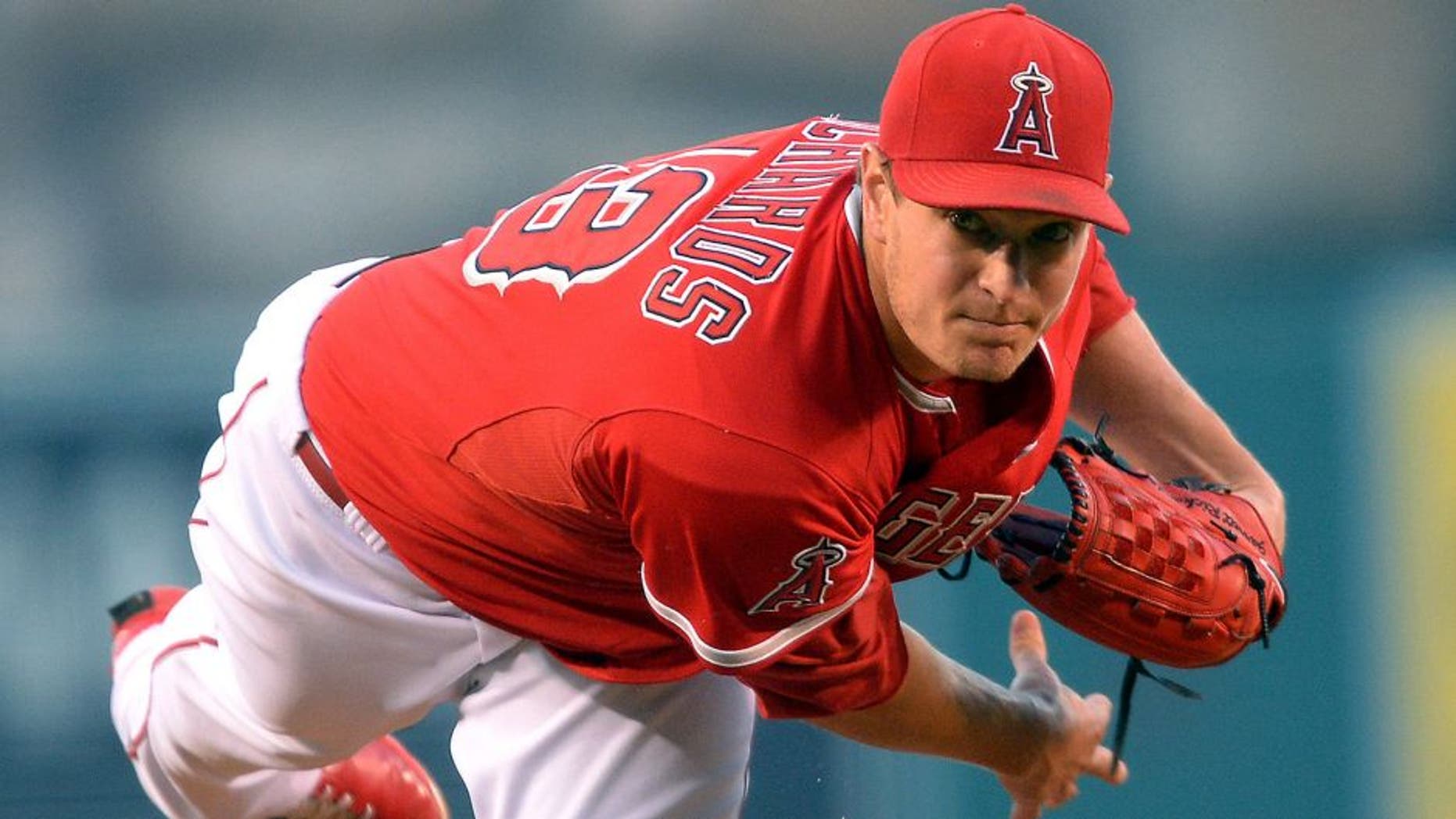 Aug 18, 2015; Anaheim, CA, USA; Los Angeles Angels starting pitcher Garrett Richards (43) in the first inning of the game against the Chicago White Sox at Angel Stadium of Anaheim. Mandatory Credit: Jayne Kamin-Oncea-USA TODAY Sports