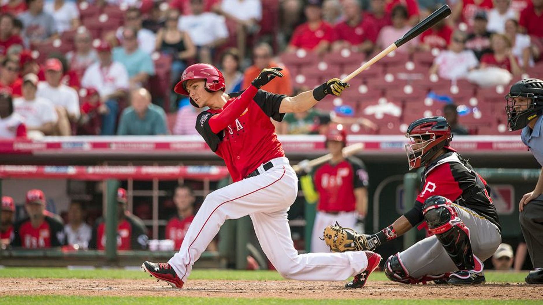 CINCINNATI, OH- JULY 12: Trea Turner #8 of the U.S. Team bats during the SiriusXM All-Star Futures Game at the Great American Ball Park on July 12, 2015 in Cincinnati, Ohio. (Photo by Brace Hemmelgarn/Minnesota Twins/Getty Images)