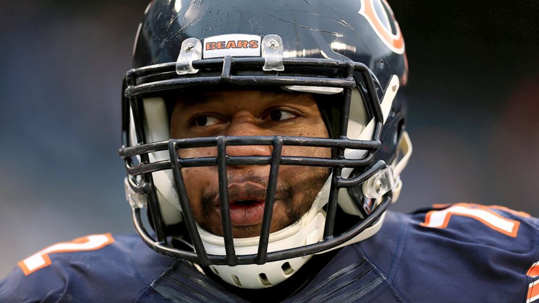 Dec 21, 2014; Chicago, IL, USA; Chicago Bears tackle Charles Leno (72) against the Detroit Lions at Soldier Field. The Lions defeated the Bears 20-14. Mandatory Credit: Andrew Weber-USA TODAY Sports
