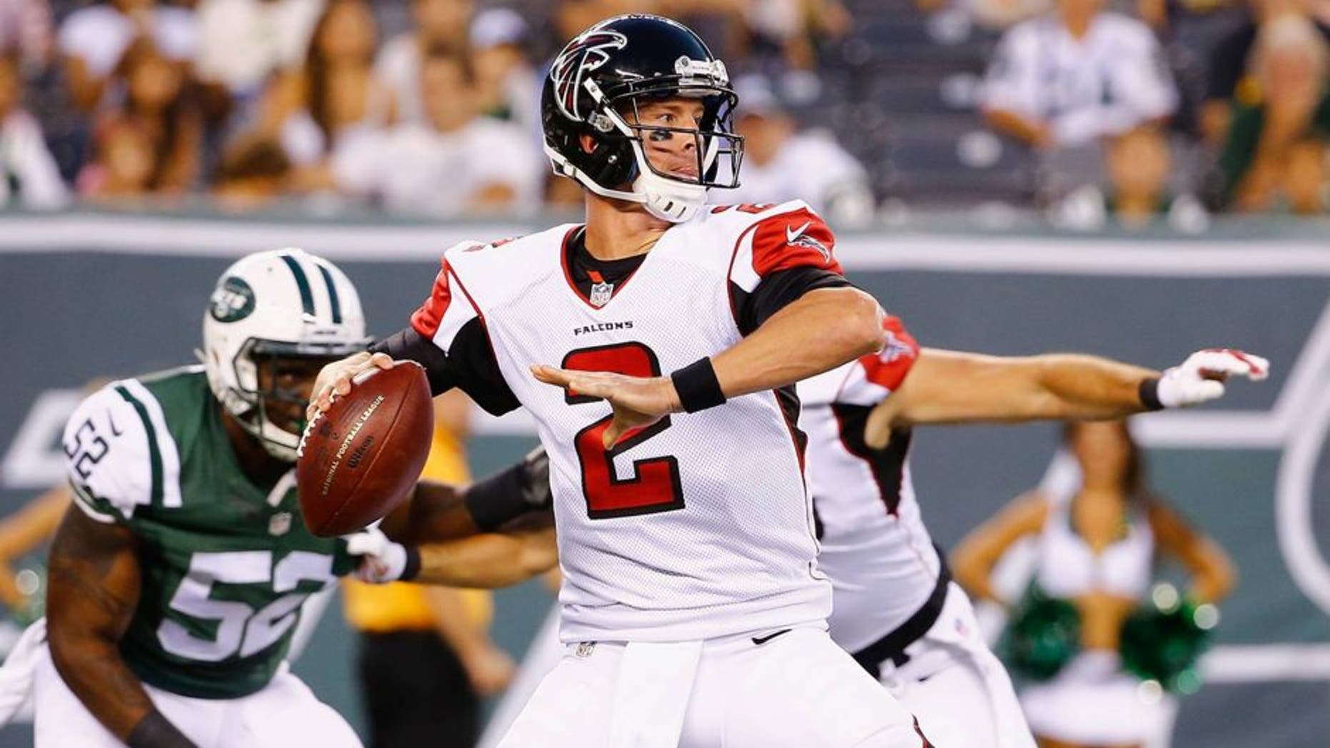 EAST RUTHERFORD, NJ - AUGUST 21: Matt Ryan #2 of the Atlanta Falcons passes against the New York Jets during their pre season game at MetLife Stadium on August 21, 2015 in East Rutherford, New Jersey. (Photo by Al Bello/Getty Images)