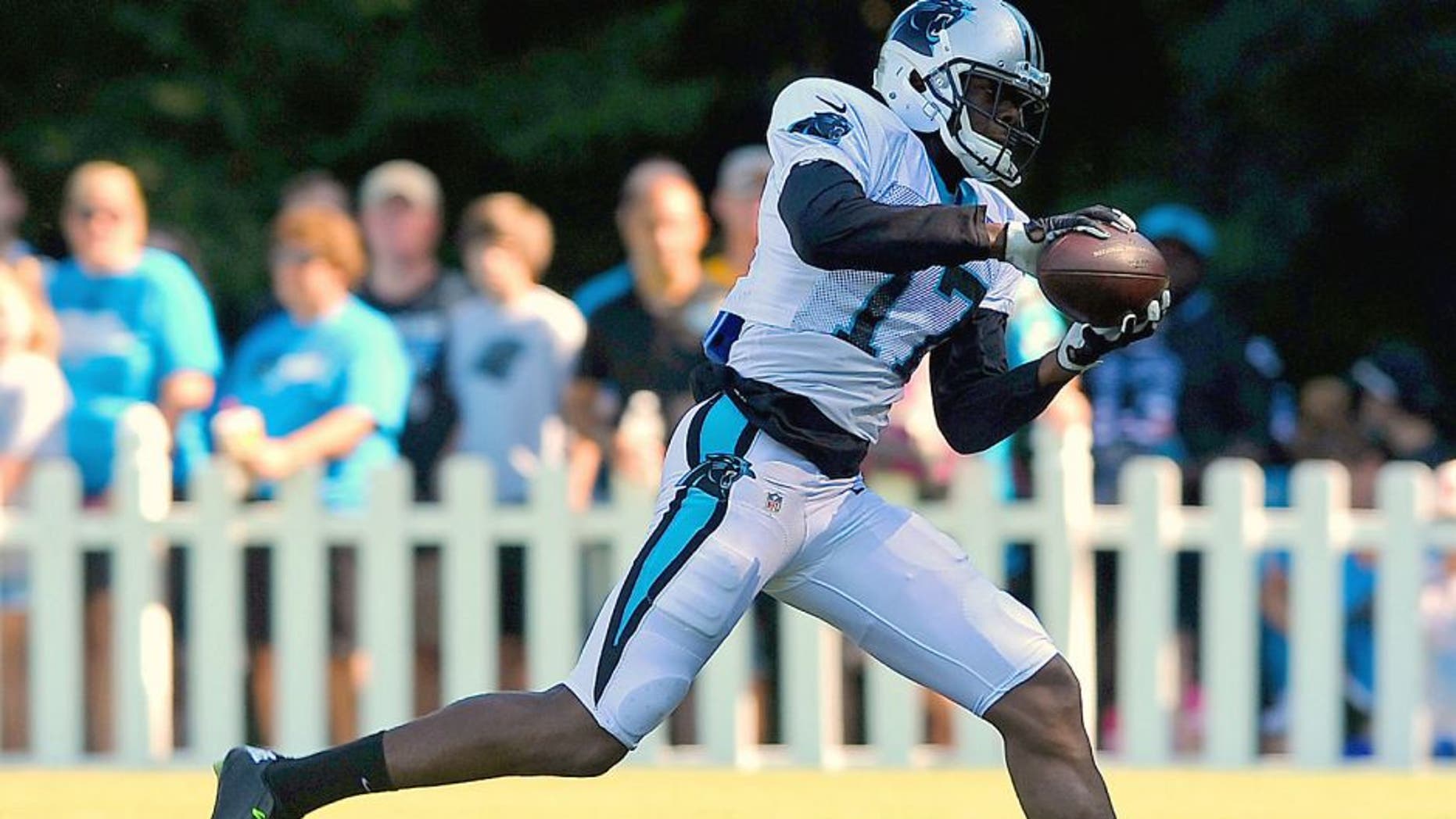 Carolina Panthers wide receiver Devin Funchess catches a pass during practice on Sunday, August 2, 2015, at Wofford College in Spartanburg, S.C. (Jeff Siner/Charlotte Observer/TNS via Getty Images)