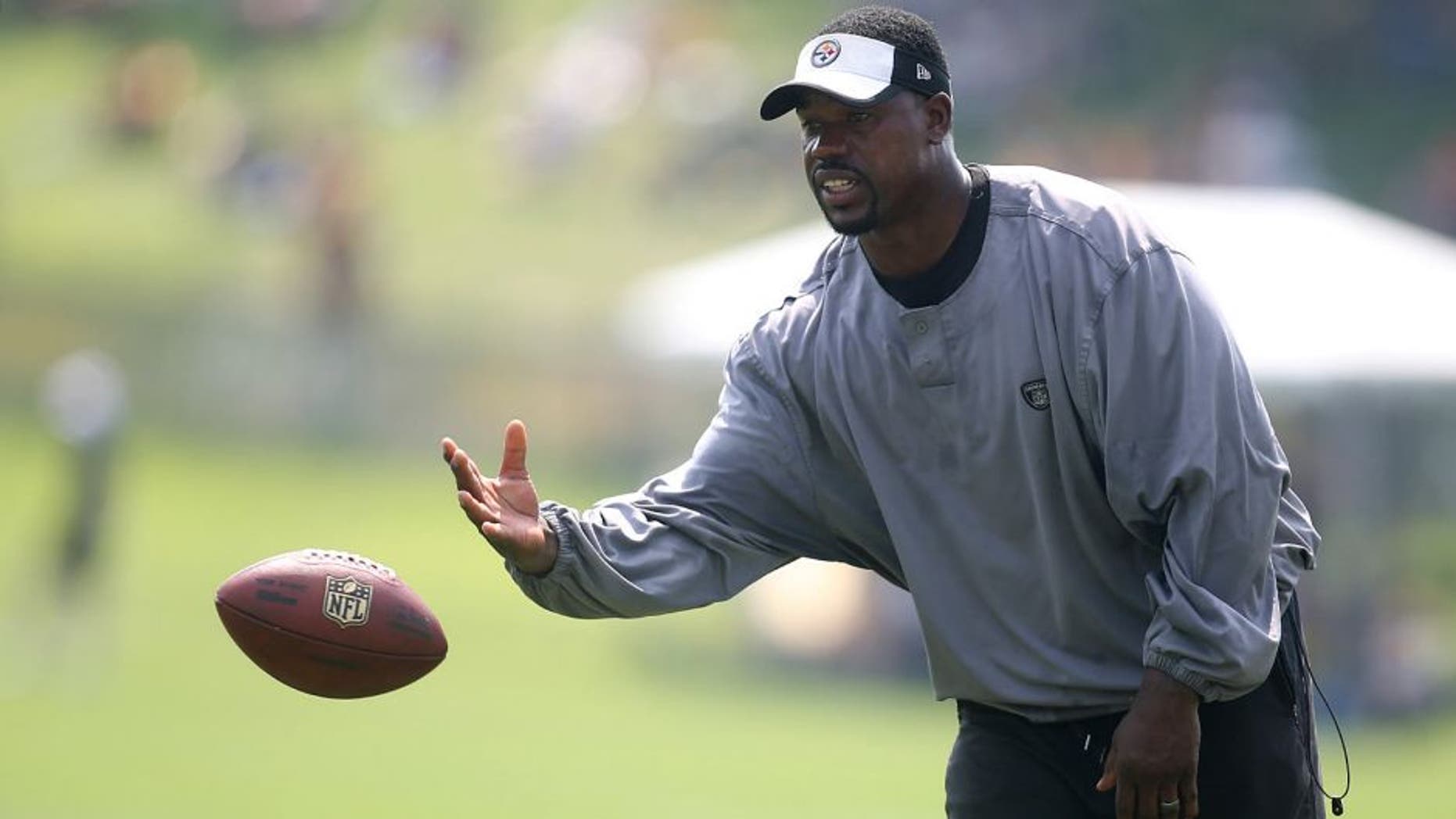Jul 27, 2015; Latrobe, PA, USA; Pittsburgh Steelers linebackers coach Joey Porter participates in drills during training camp at Saint Vincent College. Mandatory Credit: Charles LeClaire-USA TODAY Sports
