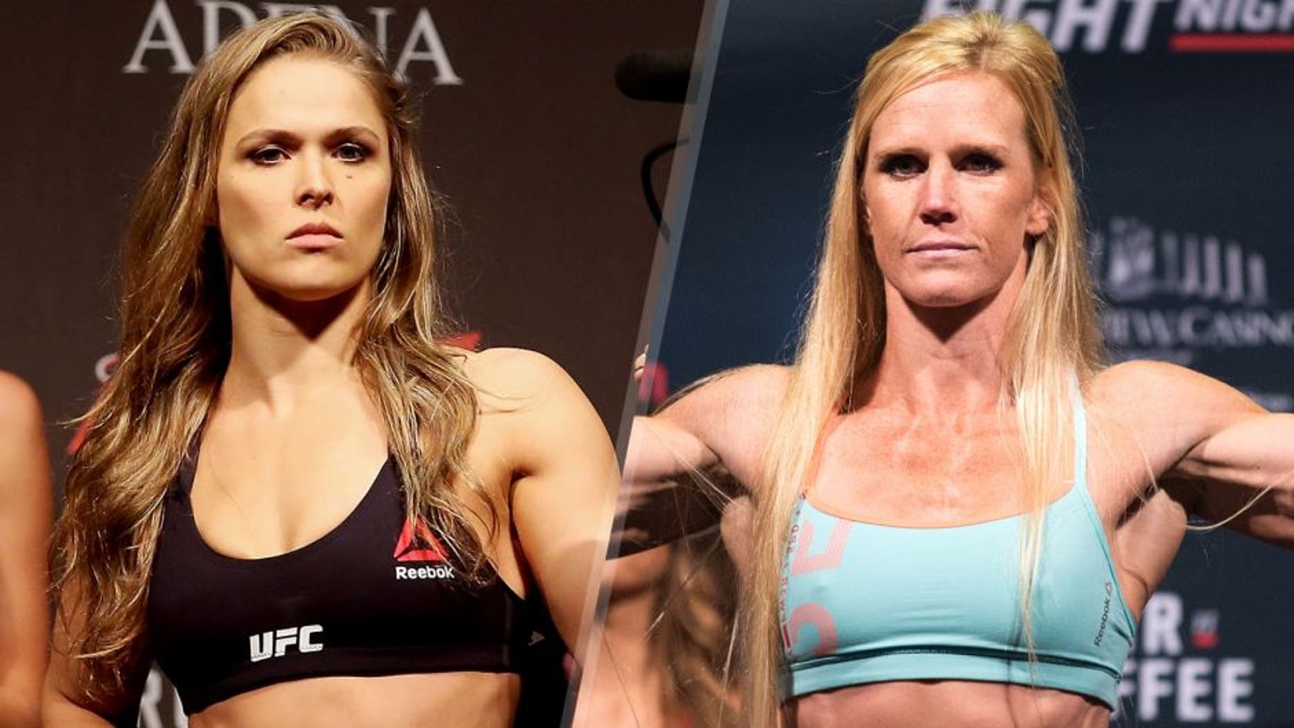 RIO DE JANEIRO, BRAZIL - JULY 31: UFC Strawweight Champion Ronda Rousey of the United States poses for photographers during the UFC 190 Rousey v Correia weigh-in at HSBC Arena on July 31, 2015 in Rio de Janeiro, Brazil. (Photo by Matthew Stockman/Getty Images) SAN DIEGO, CA - JULY 14: Holly Holm steps on the scale during the UFC weigh-in at the Valley View Casino Center on July 14, 2015 in San Diego, California. (Photo by Jeff Bottari/Zuffa LLC/Zuffa LLC via Getty Images)